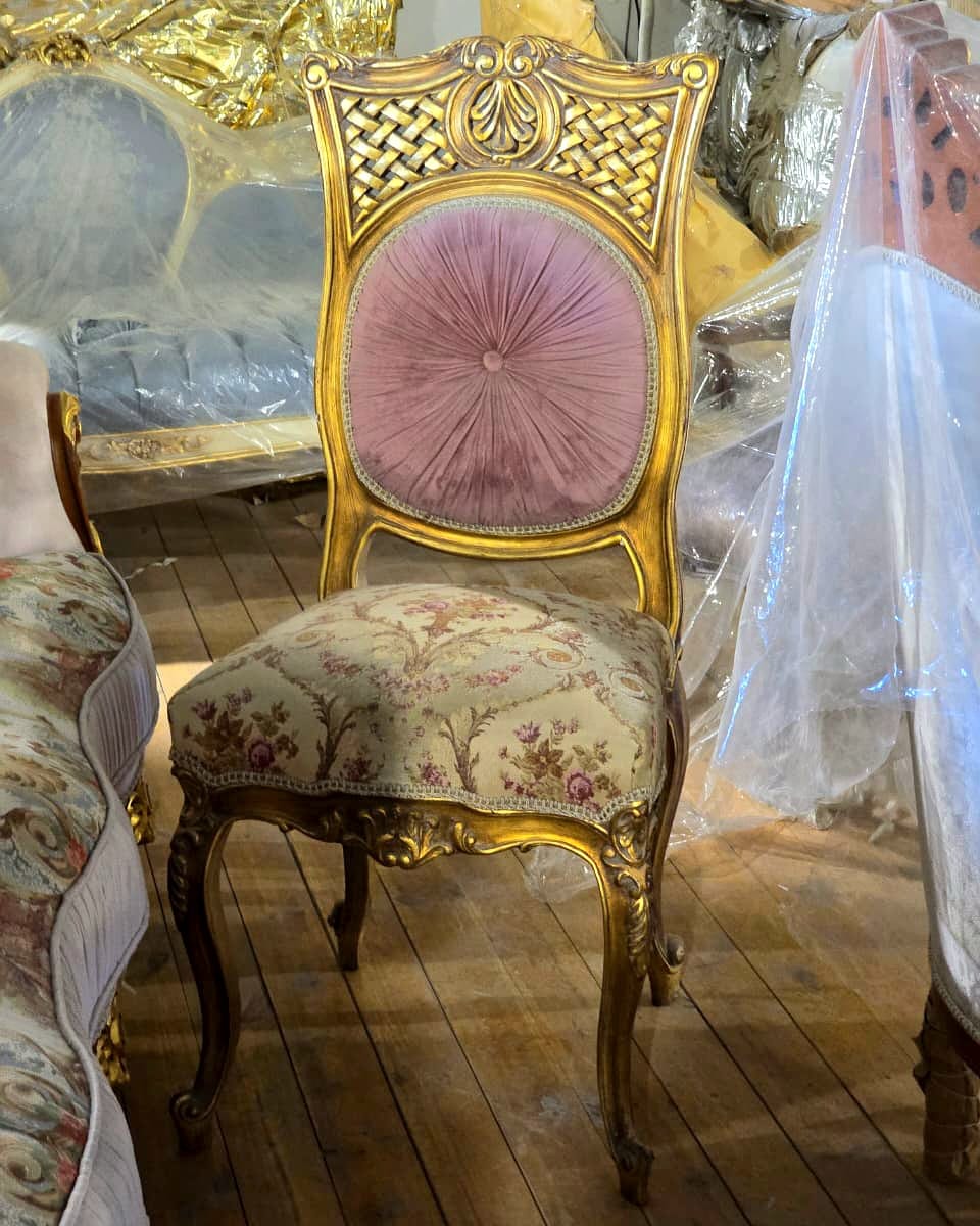 French Victorian Accent Chair with Pink Velvet Back, Floral Damask Seat & Hand-Gilded Frame