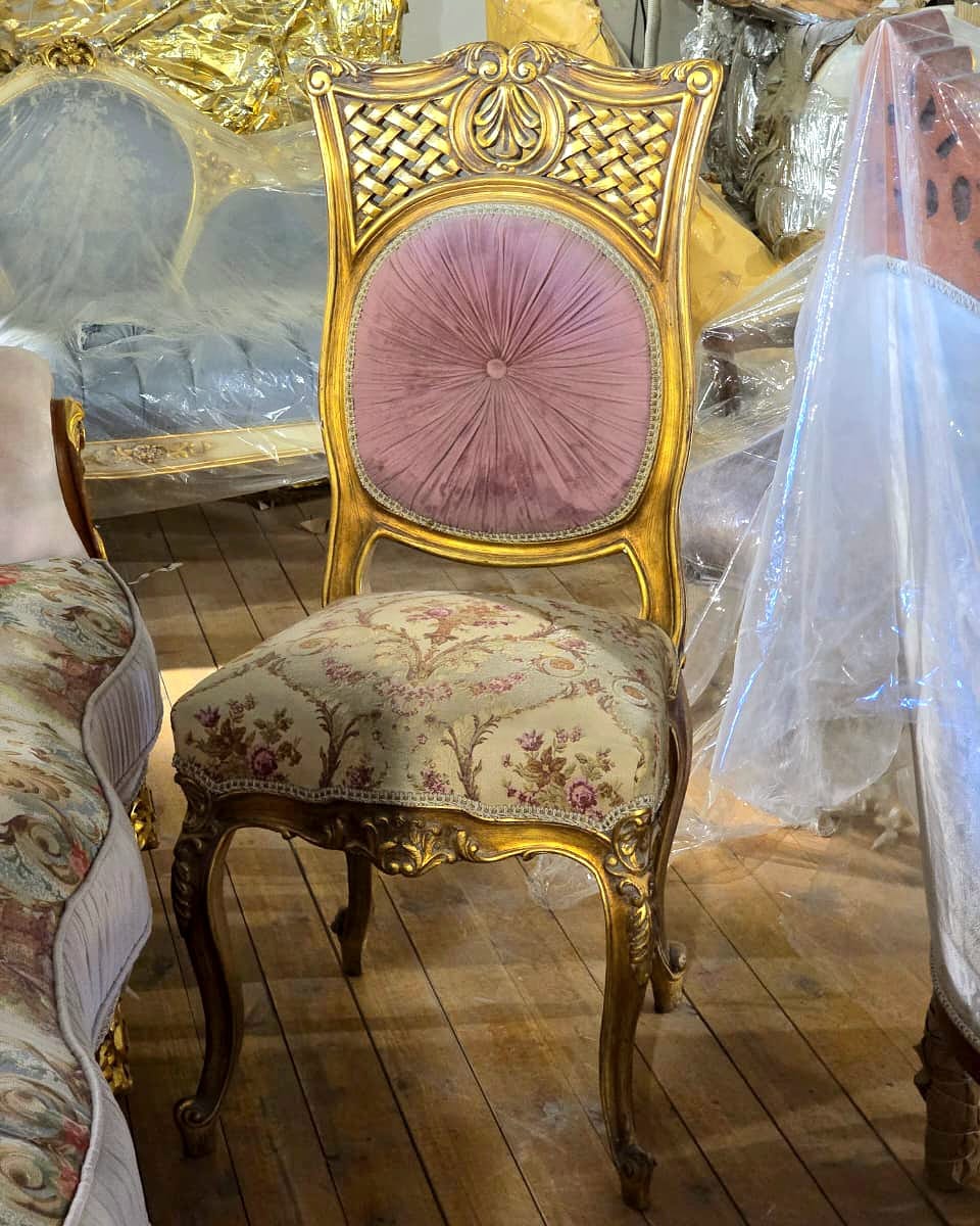 French Victorian Accent Chair with Pink Velvet Back, Floral Damask Seat & Hand-Gilded Frame