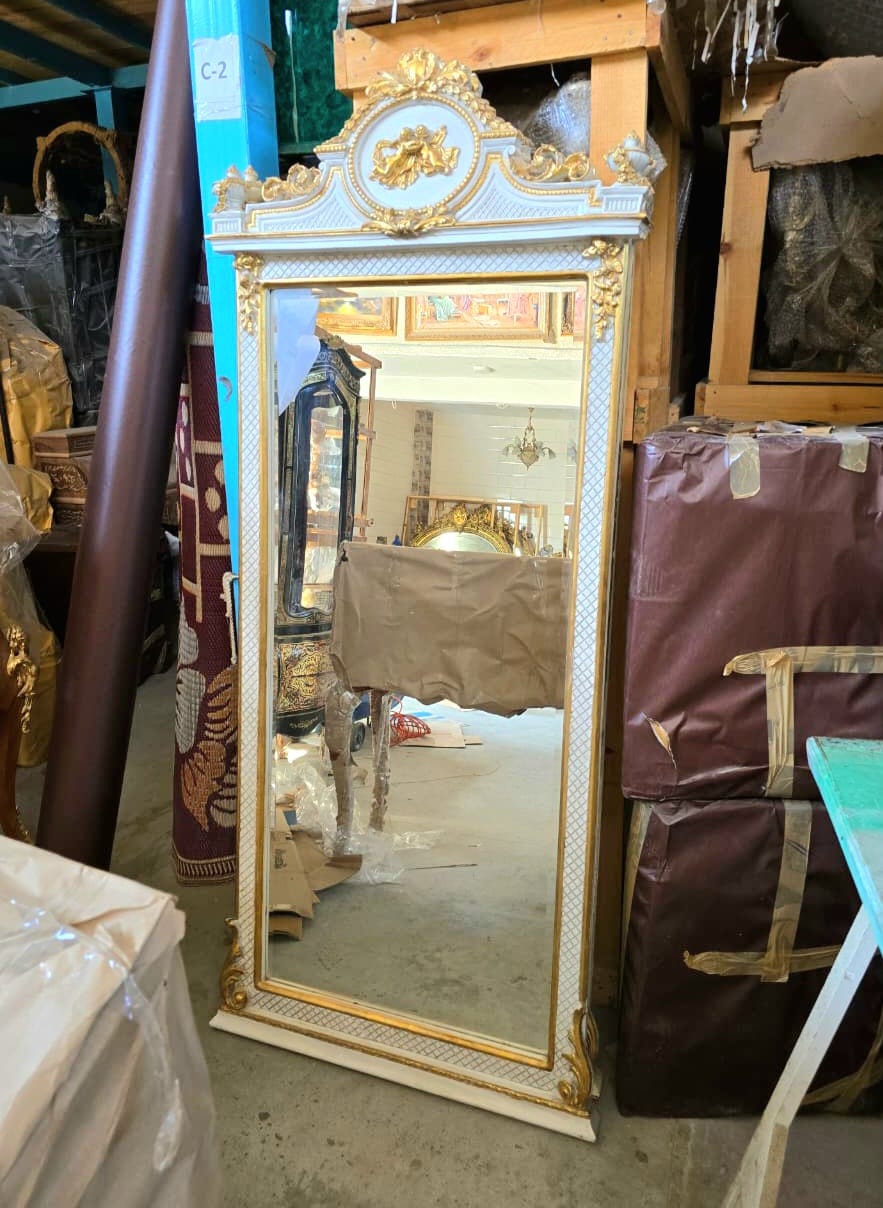French Neoclassical Floor Mirror with White & Gold Leaf Frame and Decorative Pediment