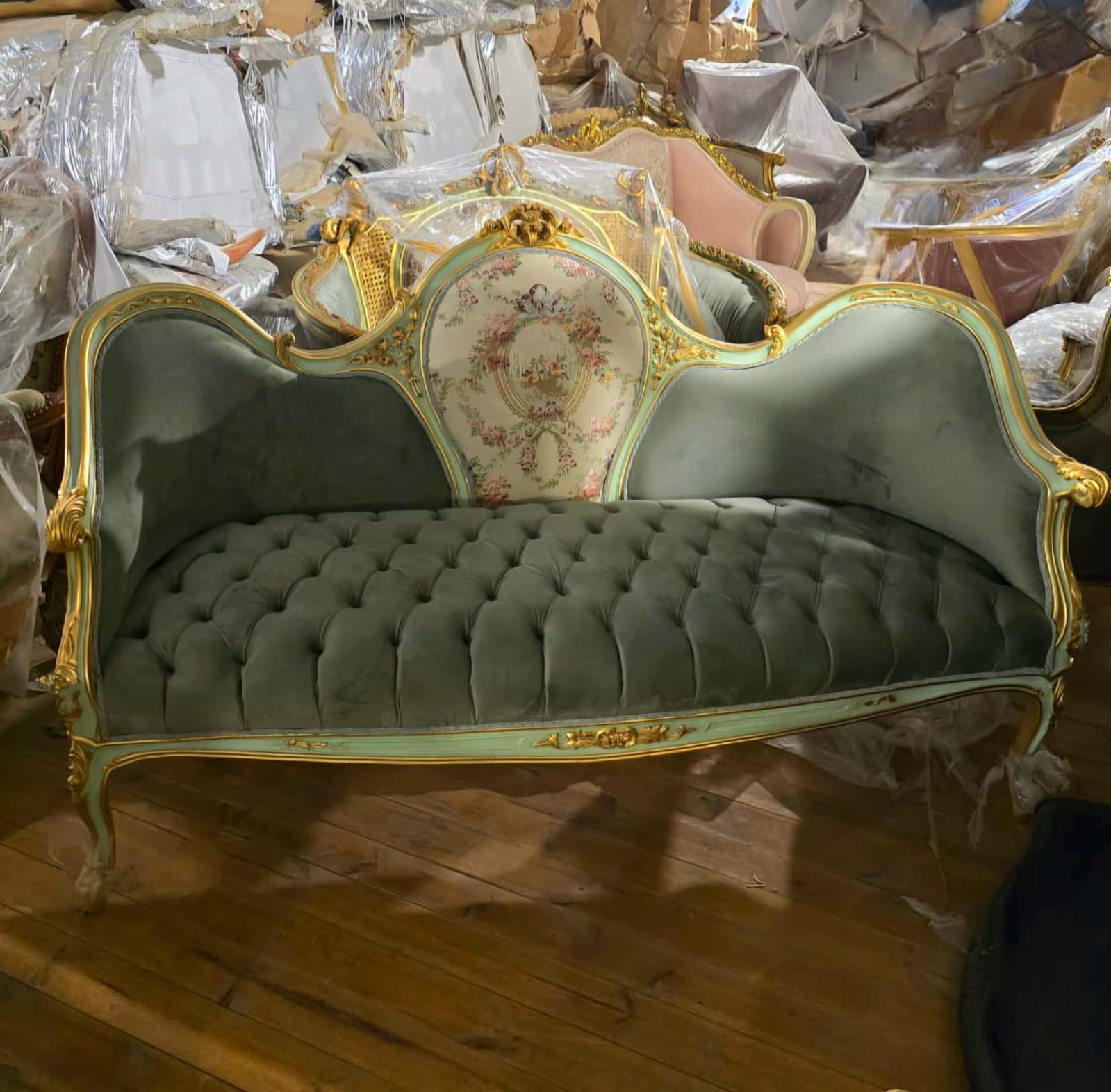 French Louis XV Three-Seat Velvet Sofa with Floral Damask Medallion & Hand-Gilded Frame