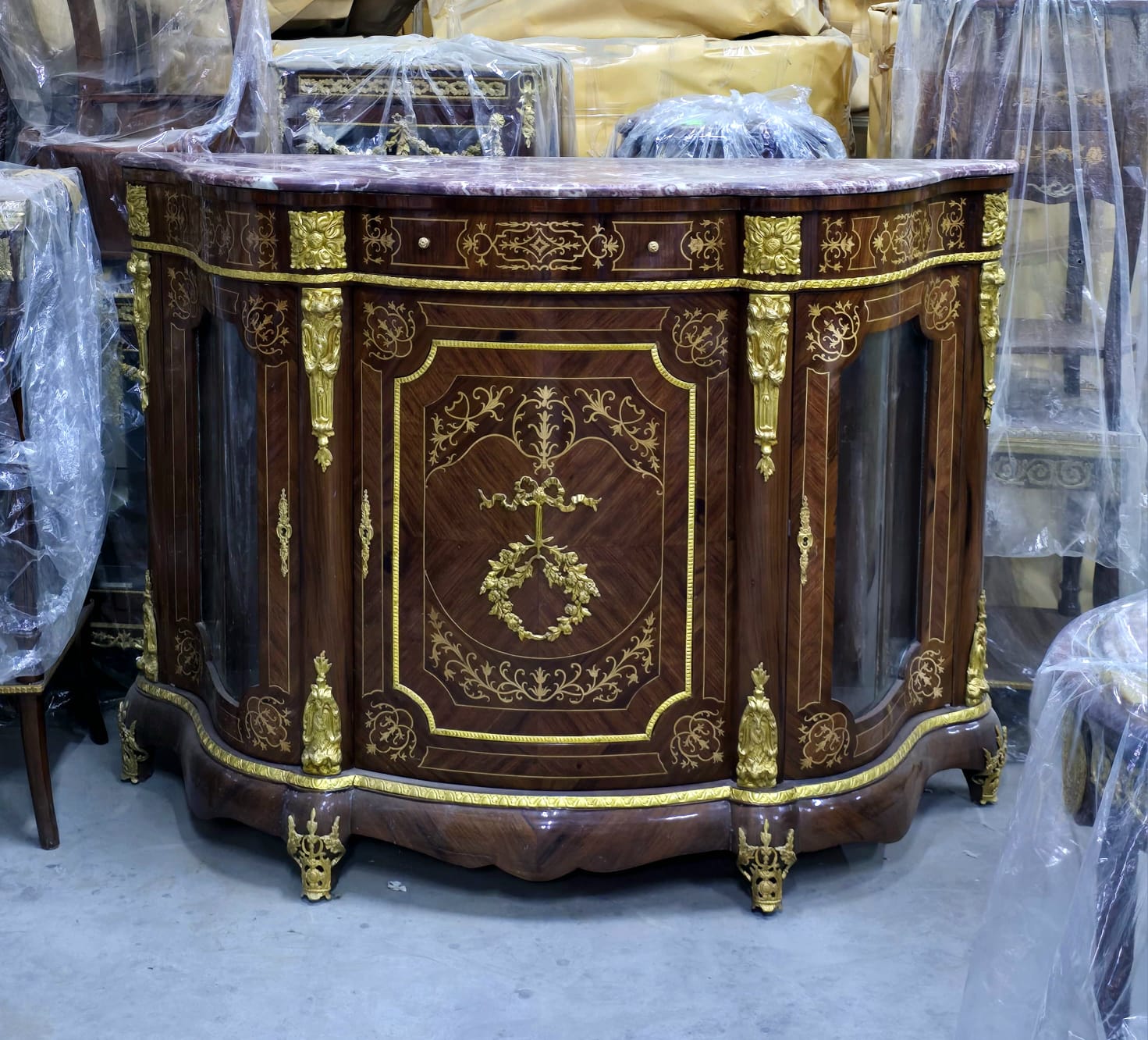 Grand French Louis XVI Curio Cabinet with Marble Top, Glass Side Panels & Hand-Gilded Details