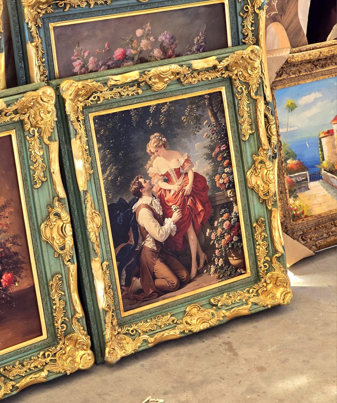 French Rococo Romantic Courtship Wall Art with Hand-Gilded Gold Leaf Frame in Sage Green Finish