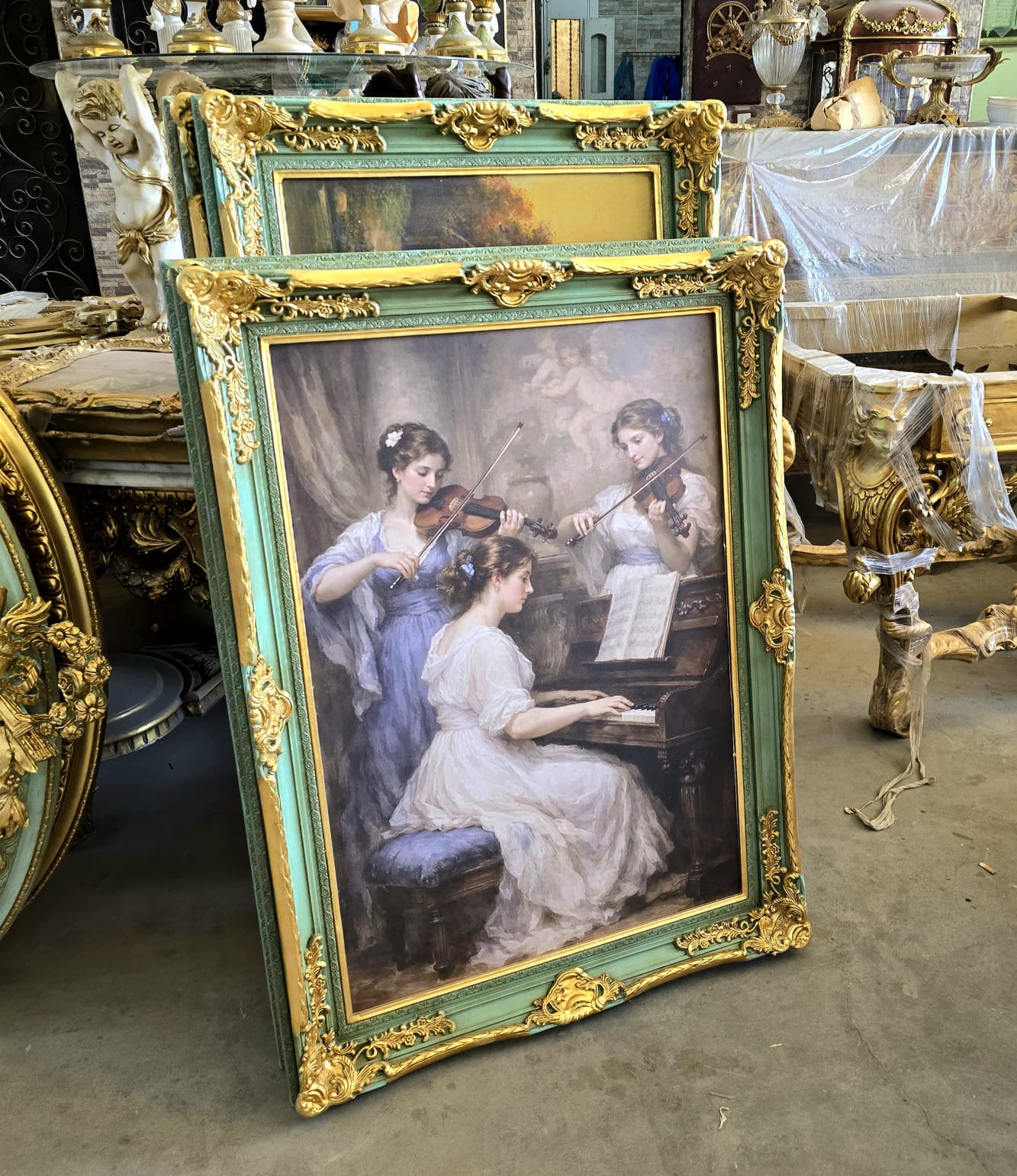 French Rococo Romantic Music Scene Wall Art with Hand-Gilded Gold Leaf Frame in Sage Green Finish