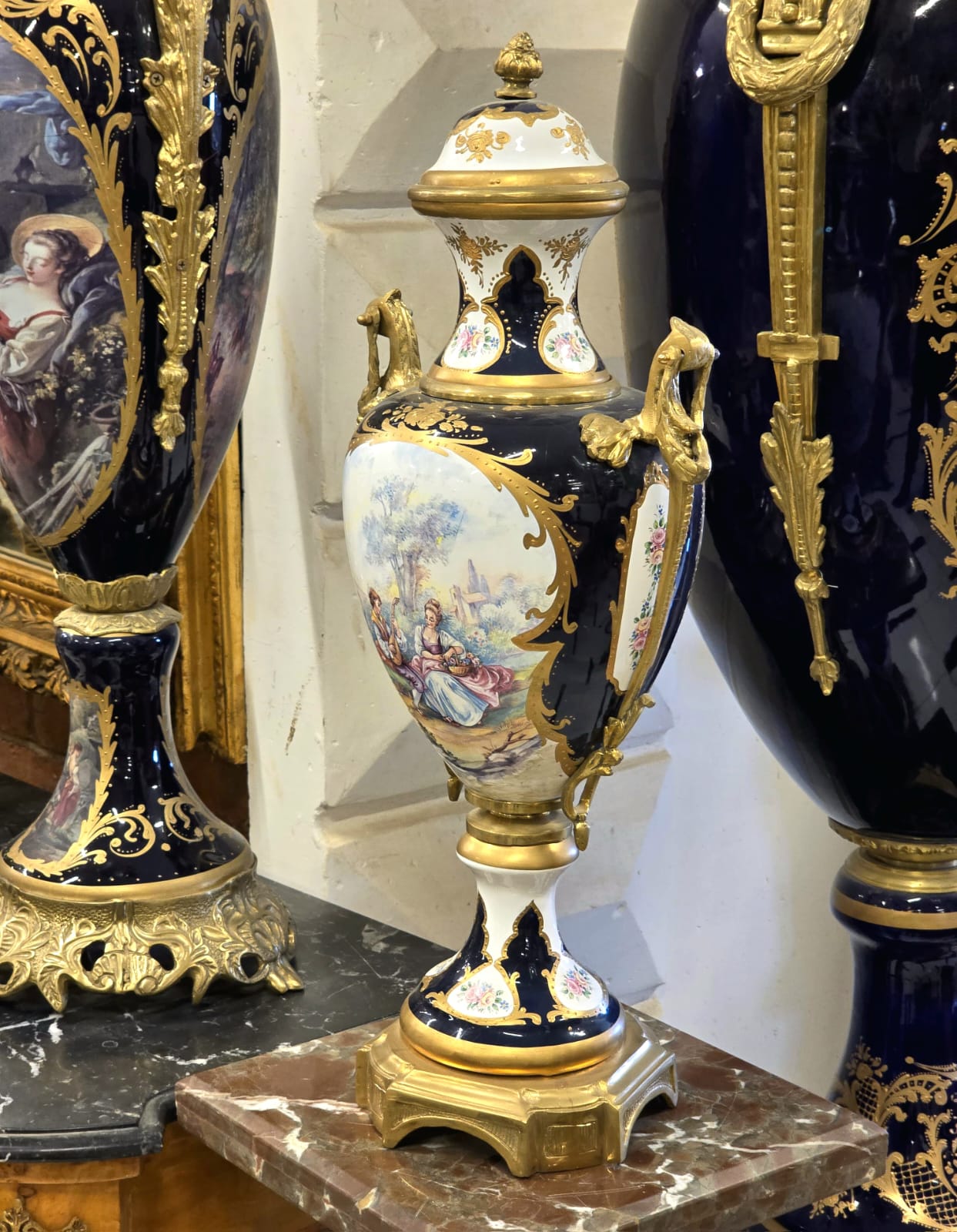 Luxury French Sevres Porcelain Vase & Pedestal Set with Hand-Painted Romantic Scenes, Bronze Mounts & Marble Bases