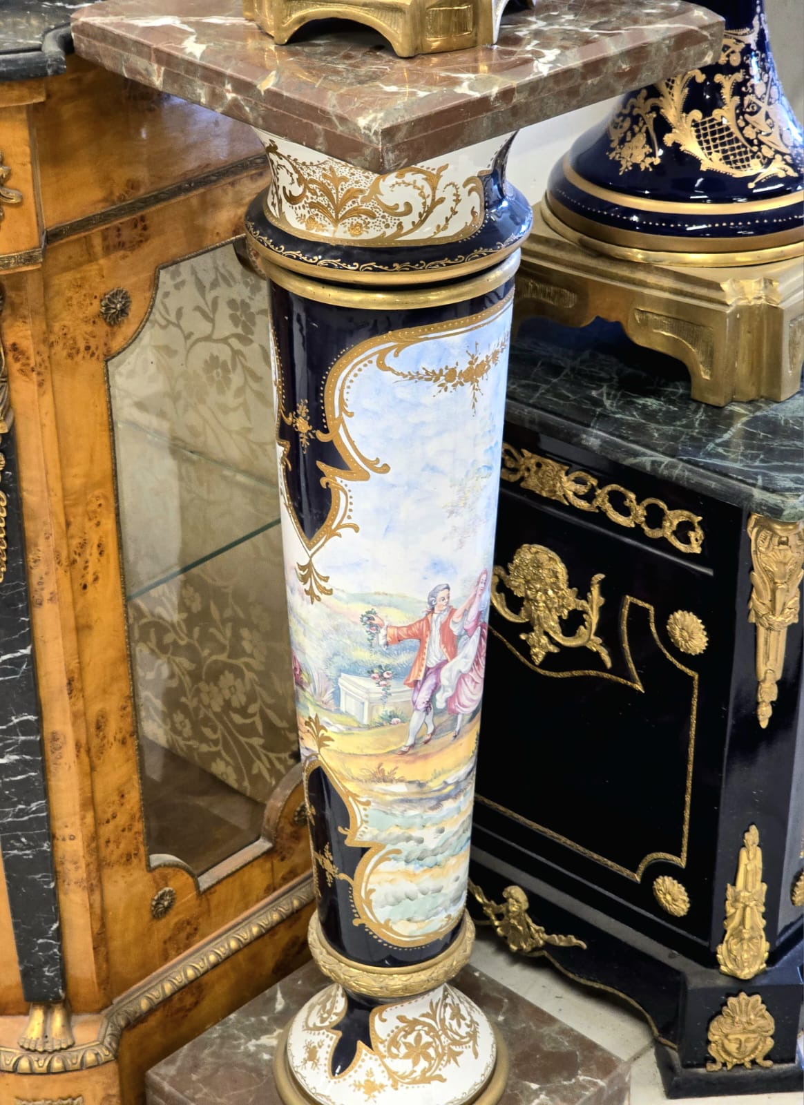 Luxury French Sevres Porcelain Vase & Pedestal Set with Hand-Painted Romantic Scenes, Bronze Mounts & Marble Bases