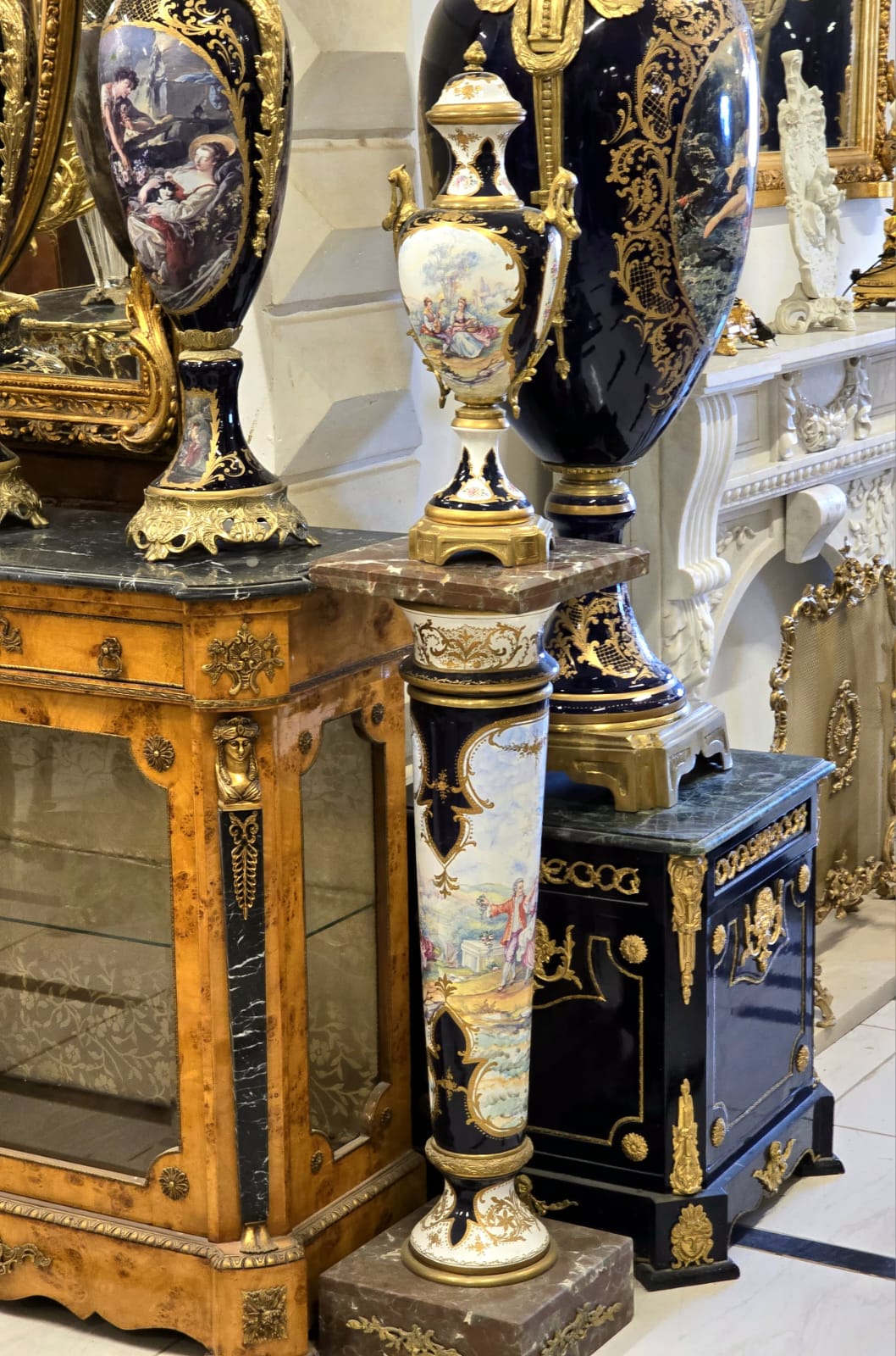 Luxury French Sevres Porcelain Vase & Pedestal Set with Hand-Painted Romantic Scenes, Bronze Mounts & Marble Bases