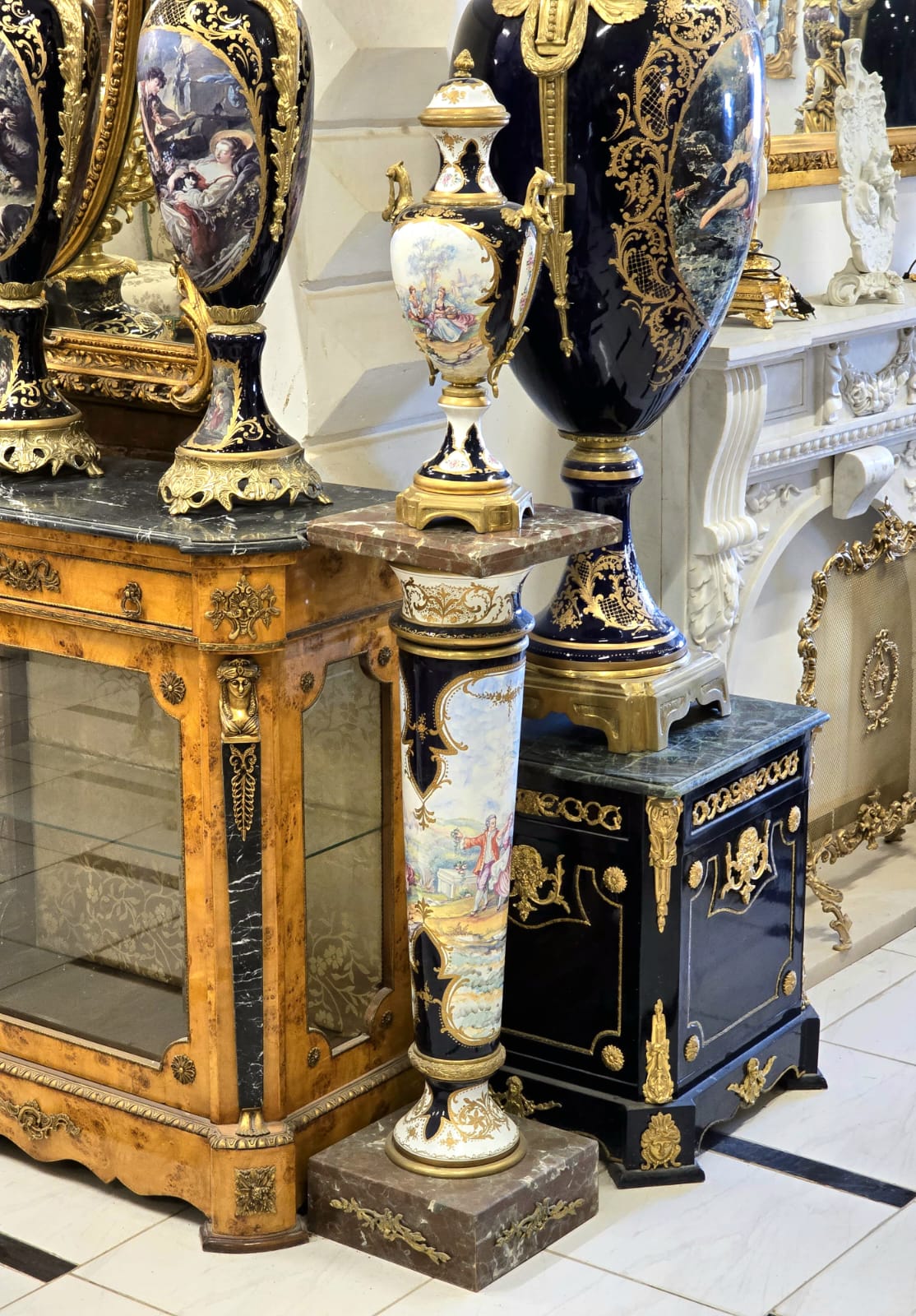 Luxury French Sevres Porcelain Vase & Pedestal Set with Hand-Painted Romantic Scenes, Bronze Mounts & Marble Bases
