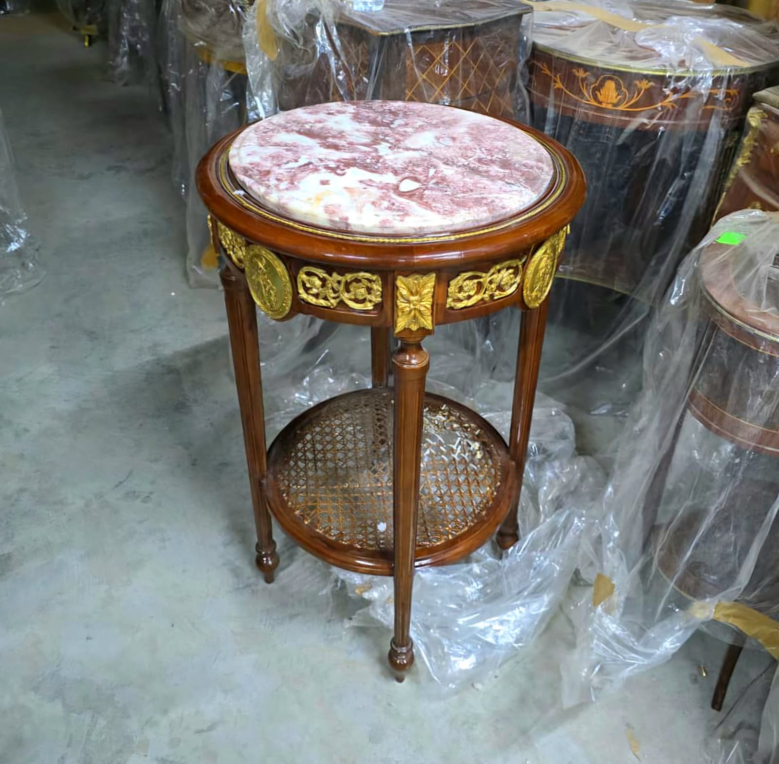 French Louis XVI Marble Top Side Table with Hand-Carved Wood Frame, Gold Leaf Accents & Cane Shelf