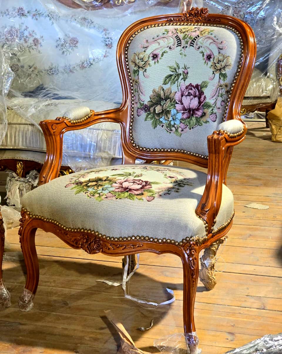 French Louis XV Armchair with Cream Floral Tapestry Upholstery & Hand-Carved Solid Wood Frame