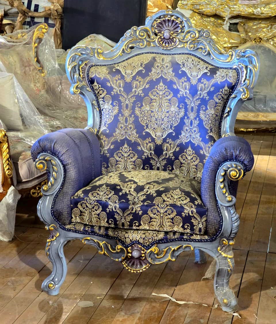 Royal French Louis XV Armchair with Blue Damask Upholstery, Hand-Carved Frame & Gold Leaf Accents