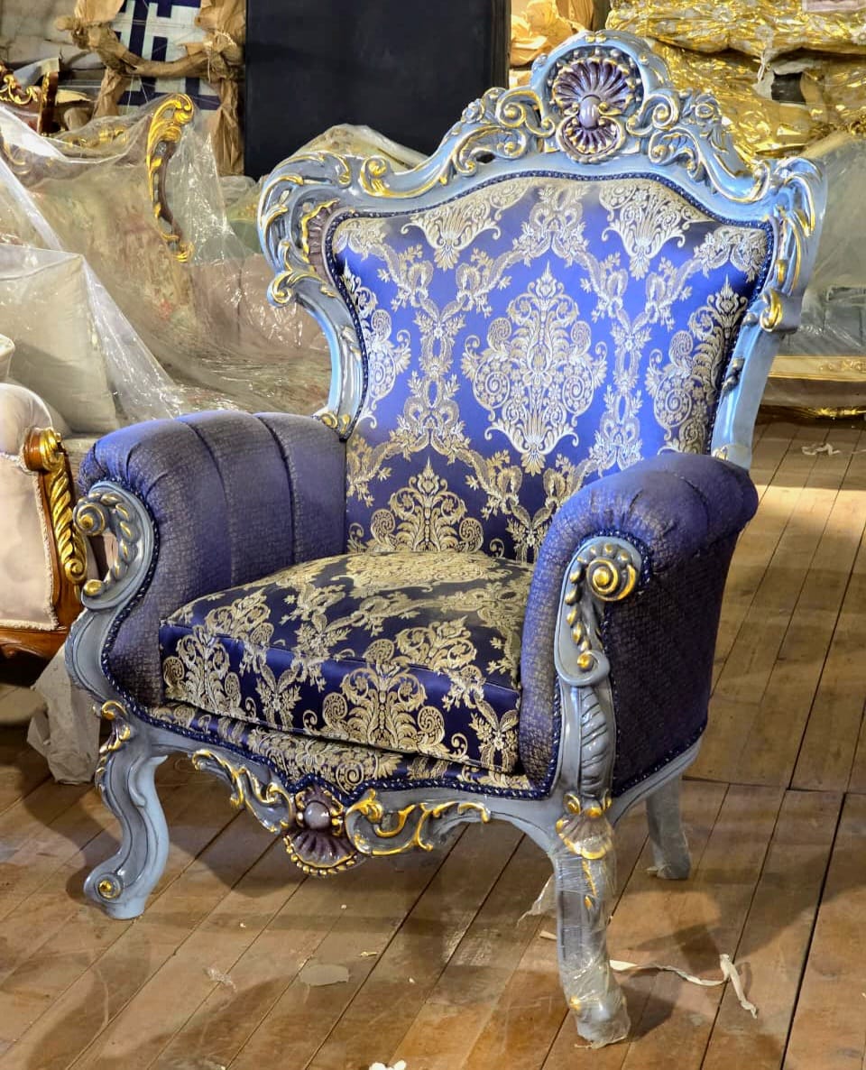 Royal French Louis XV Armchair with Blue Damask Upholstery, Hand-Carved Frame & Gold Leaf Accents