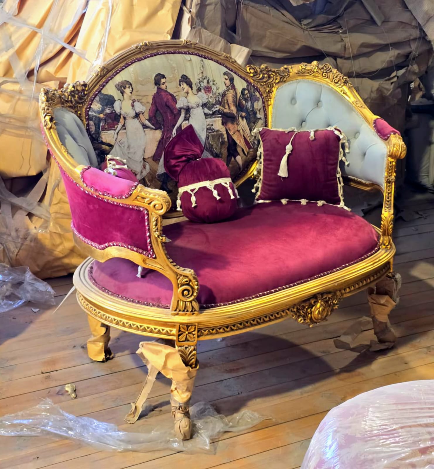French Victorian Velvet Loveseat with Romantic Ballroom Tapestry & Hand-Gilded Gold Leaf Frame