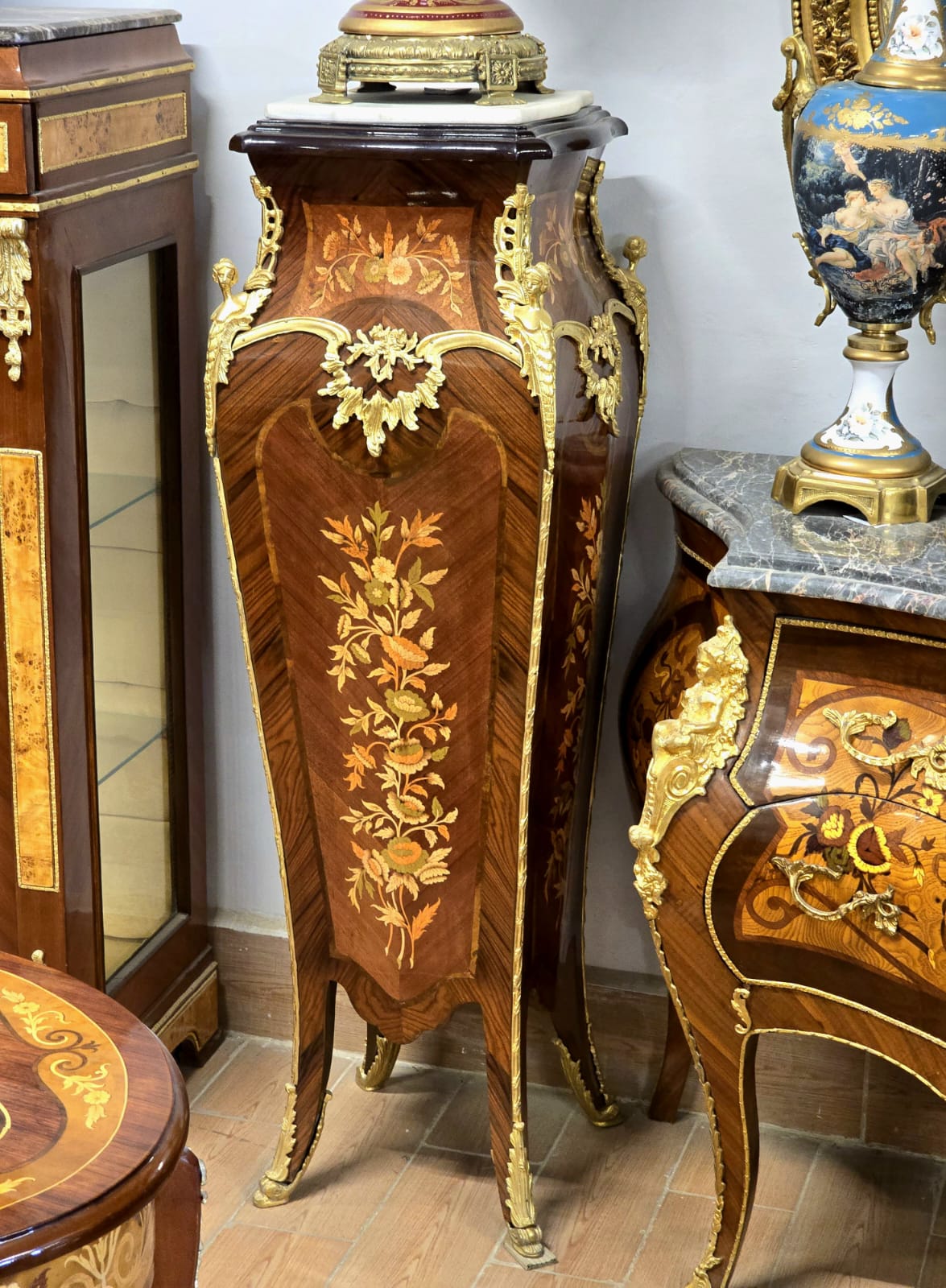 French Louis XV Bombe Chest with Marble Top, Three Drawers & Gilded Bronze Ormolu Mounts