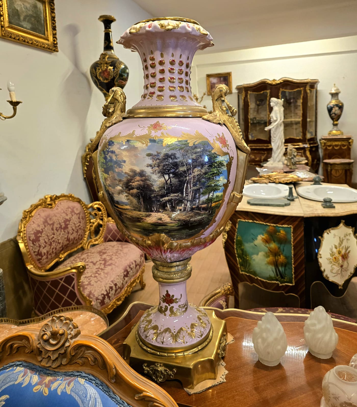 Luxury French Porcelain Vase with Hand-Painted Landscape, Bronze Handles & Gold Leaf Details