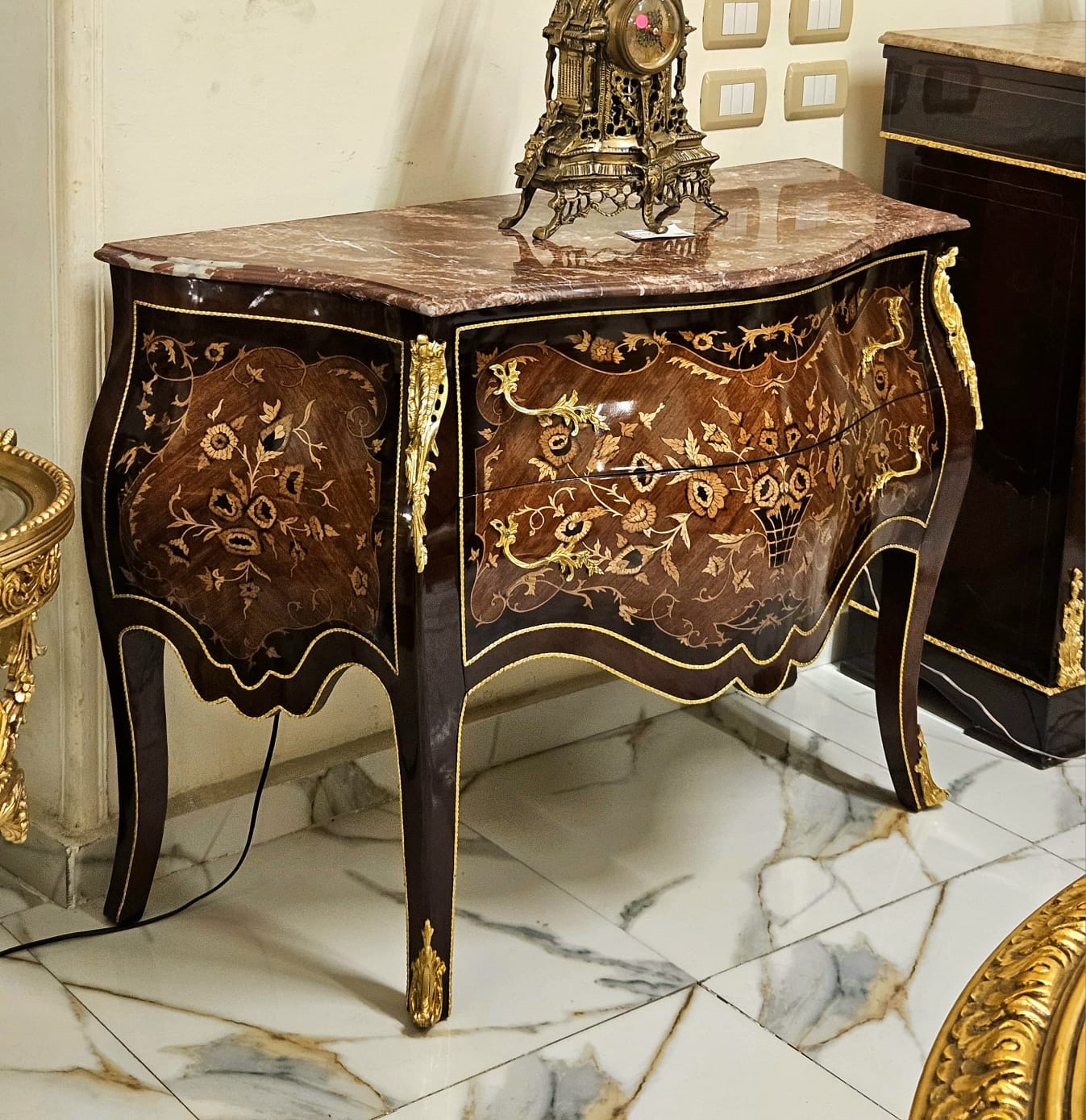 French Rococo Bombe Commode with Marble Top, Floral Inlay & Gilded Bronze Details