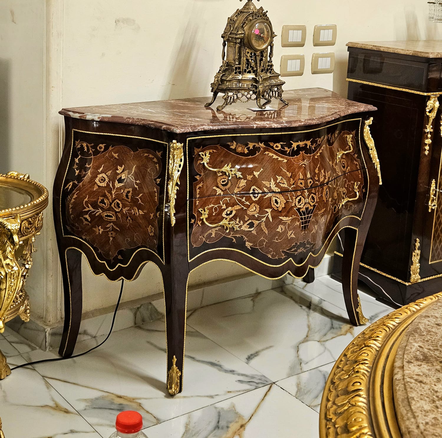 French Rococo Bombe Commode with Marble Top, Floral Inlay & Gilded Bronze Details