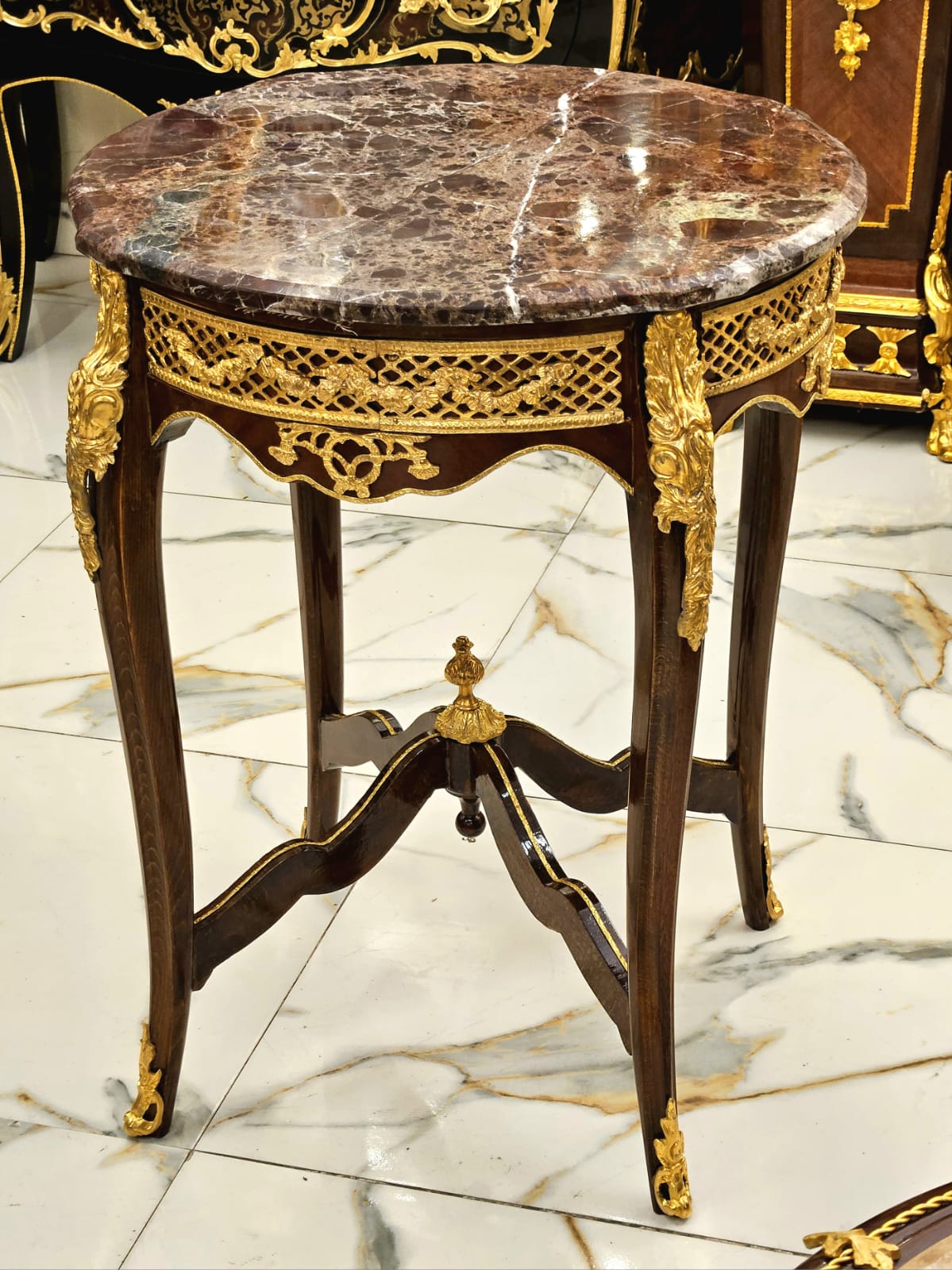 Luxury French Louis XV Accent Table with Marble Top, Marquetry Inlay & Bronze Ormolu Mounts