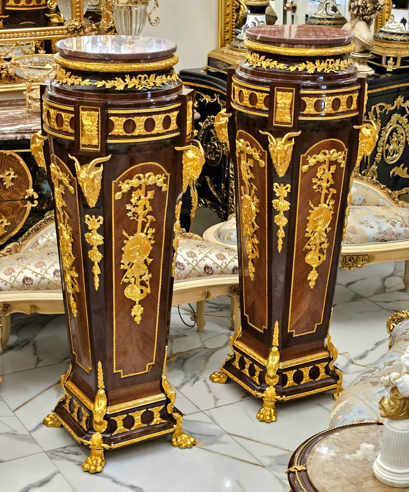 Elegant Louis XV Wood Pedestal with Marble Top, Three Drawers & Bronze Ornaments