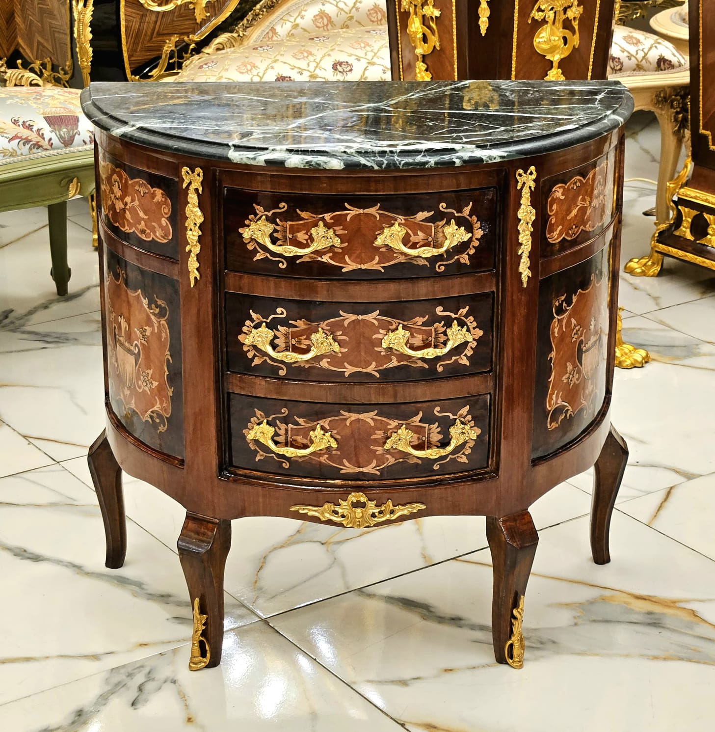 French Louis XV Bombe Chest with Marble Top, Three Drawers & Gold Leaf Bronze Mounts