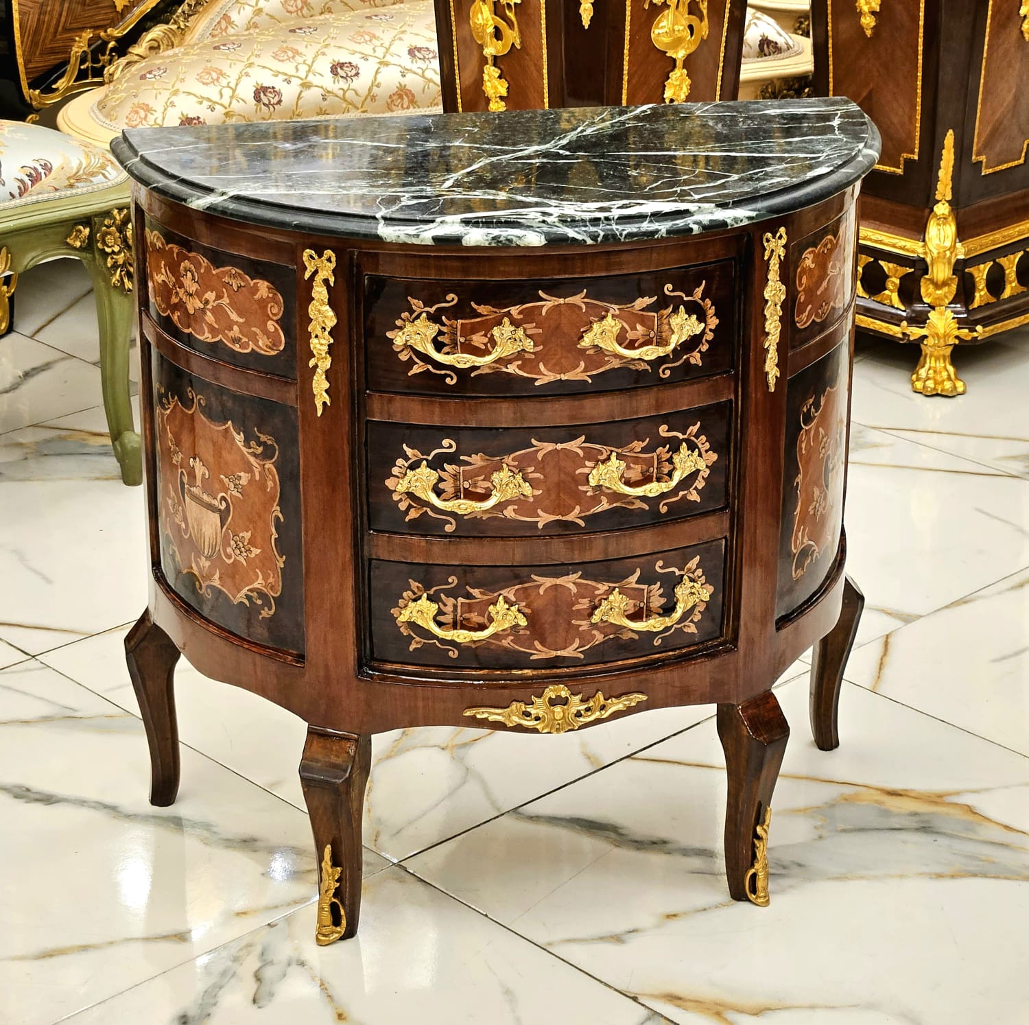 French Louis XV Bombe Chest with Marble Top, Three Drawers & Gold Leaf Bronze Mounts