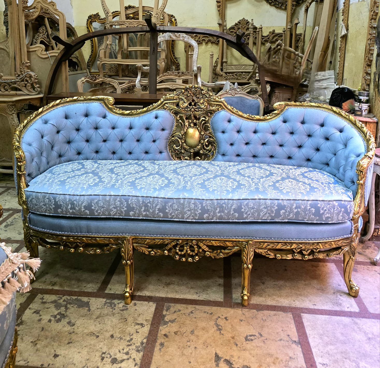 Grand French Louis XV 3-Seater Sofa in Celeste Blue Damask with Hand-Carved Gold Leaf Frame & Tufted Back