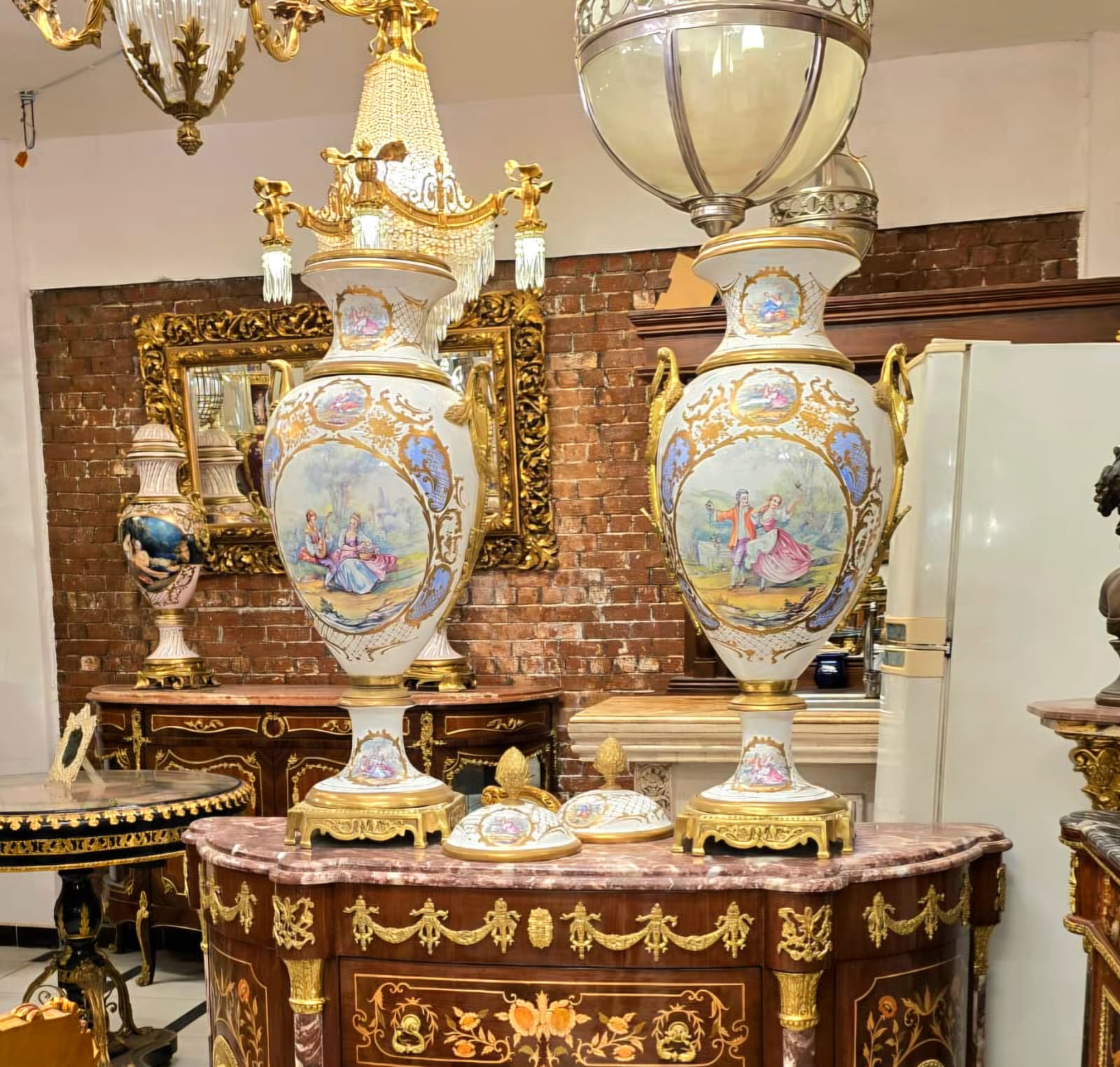 Monumental French Porcelain Decorative Vase with Hand-Painted Pastoral Scene, Gold Leaf Accents & Bronze Base