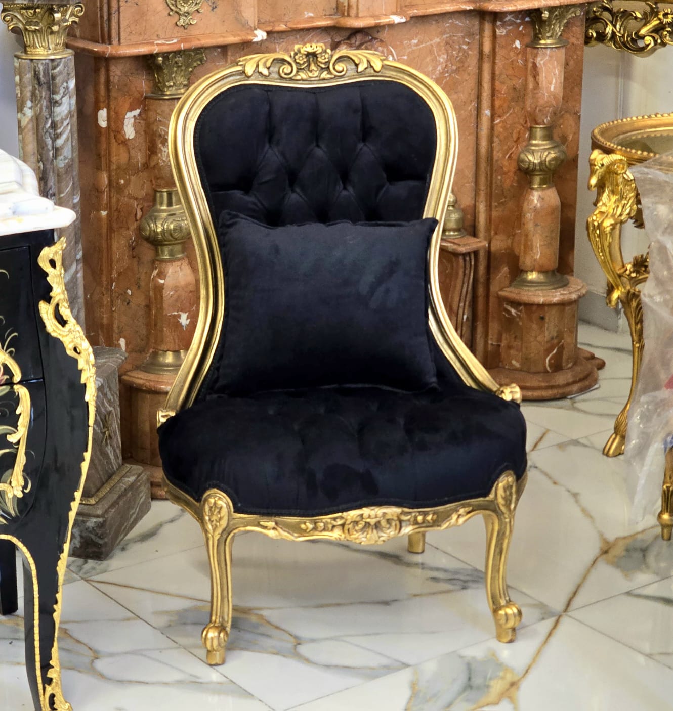 French Louis XV Tufted Black Velvet Accent Chair with Hand-Finished Gold Leaf Frame & Matching Pillow