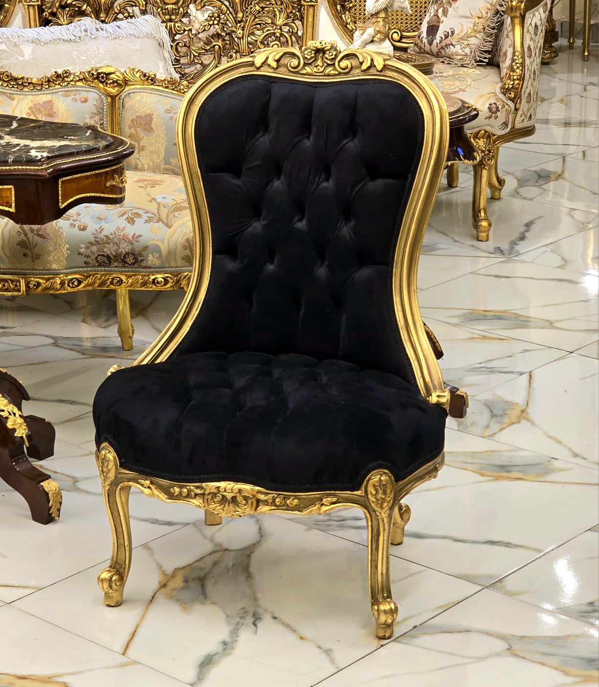 French Louis XV Tufted Black Velvet Accent Chair with Hand-Finished Gold Leaf Frame & Matching Pillow