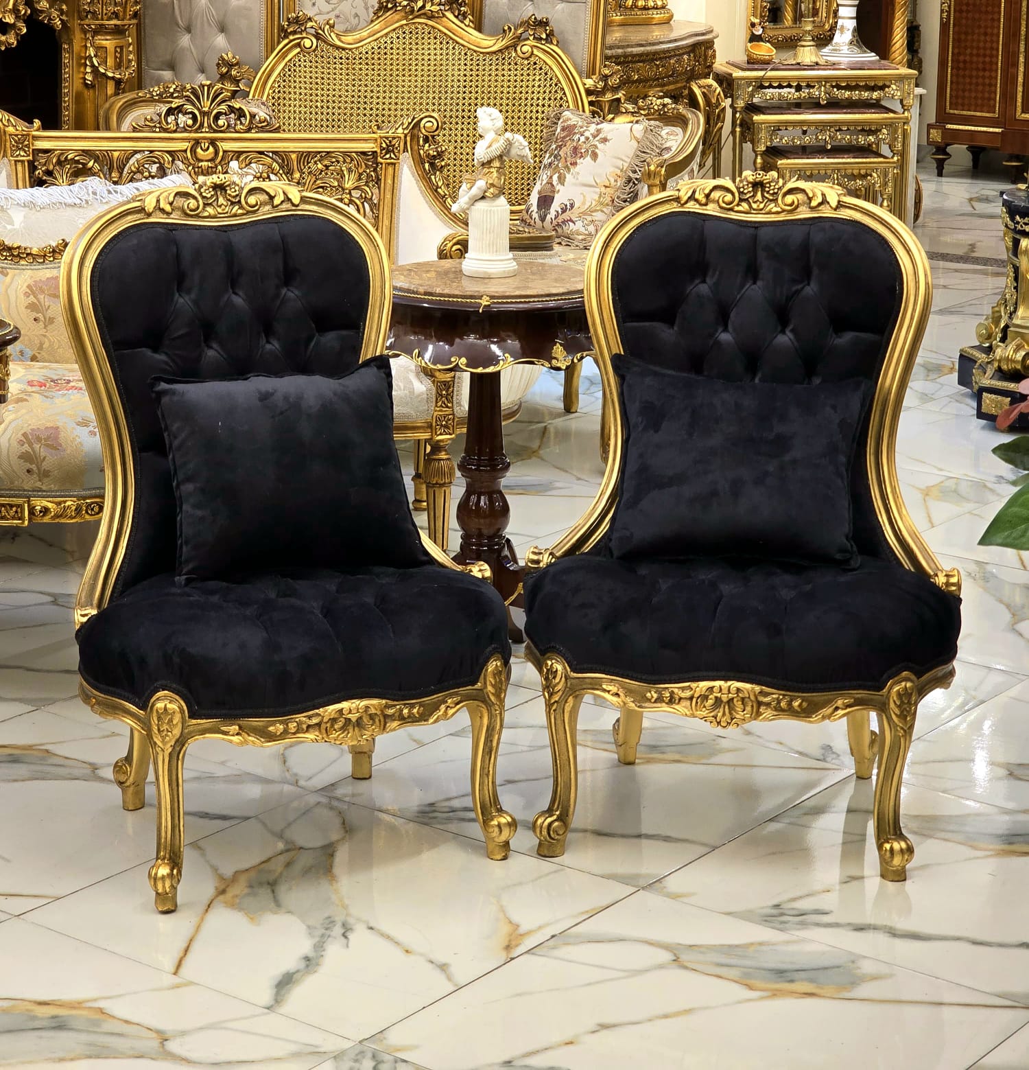 French Louis XV Tufted Black Velvet Accent Chair with Hand-Finished Gold Leaf Frame & Matching Pillow