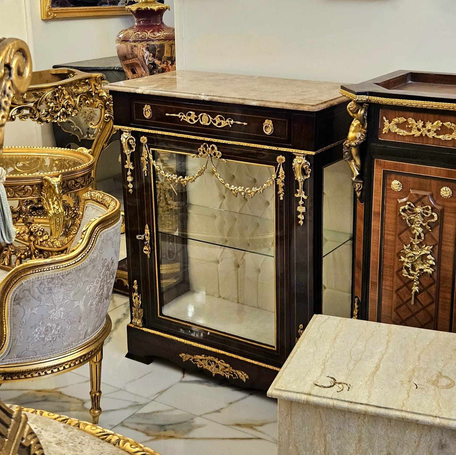 French Louis XVI Display Cabinet with Marble Top, Tufted Velvet Interior & Hand-Finished Gold Leaf Details