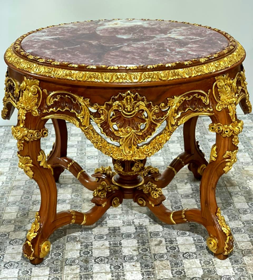 Monumental French Louis XV Round Dining Table with Marble Top, Hand-Carved Hardwood, Gold Leaf & Bronze Accents