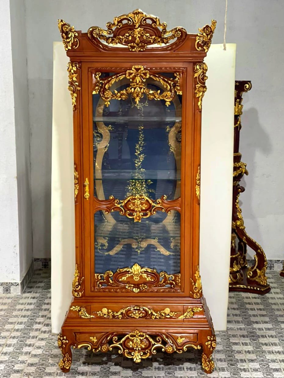 Luxury French Louis XV Display Armoire with Marble Top, Gold Leaf & Elegant Upholstered Interior