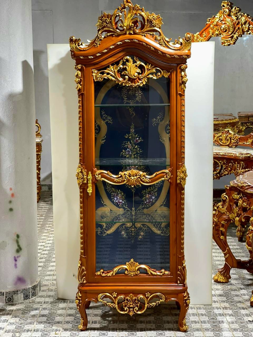 Exquisite French Louis XV Display Showcase with Marble Top, Gold Leaf Details & Luxury Upholstered Interior