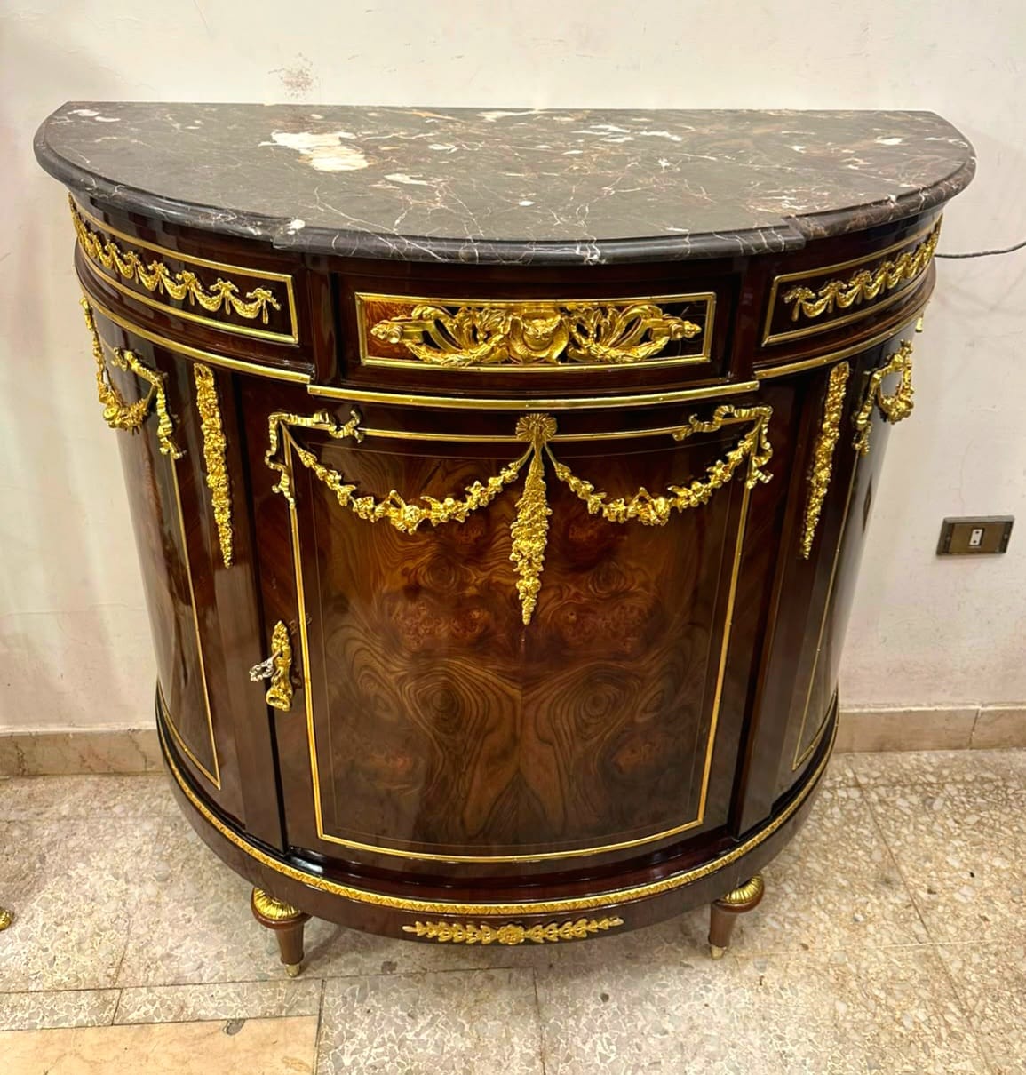 French Louis XVI Marble Top Demilune Sideboard Cabinet with Hand-Finished Gold Leaf & Premium Hardwood