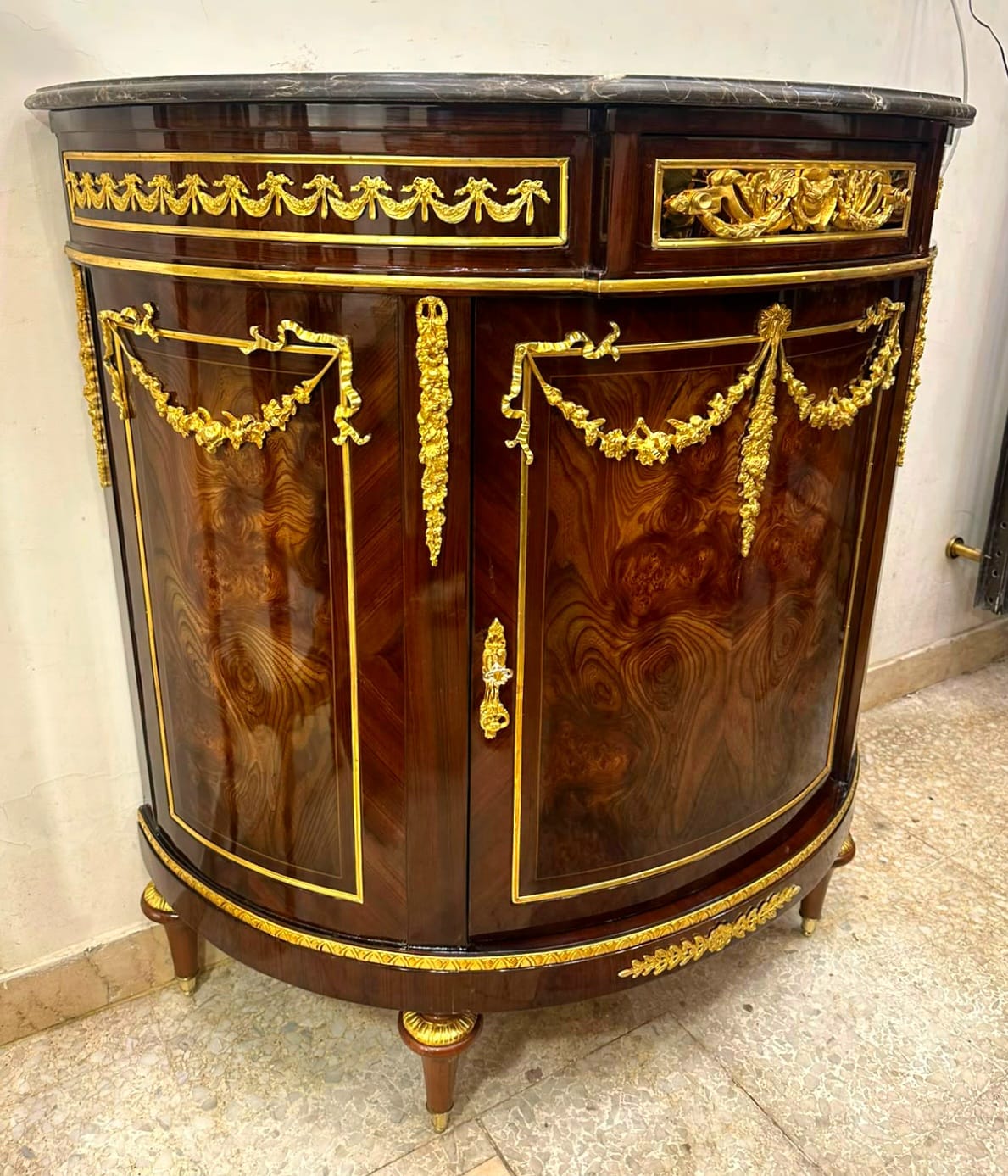 French Louis XVI Marble Top Demilune Sideboard Cabinet with Hand-Finished Gold Leaf & Premium Hardwood