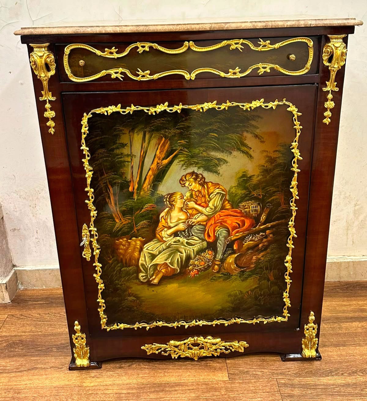 French Louis XVI Marble Top Accent Cabinet with Romantic Courting Scene, Hand-Finished Gold Leaf & Fine Hardwood Construction