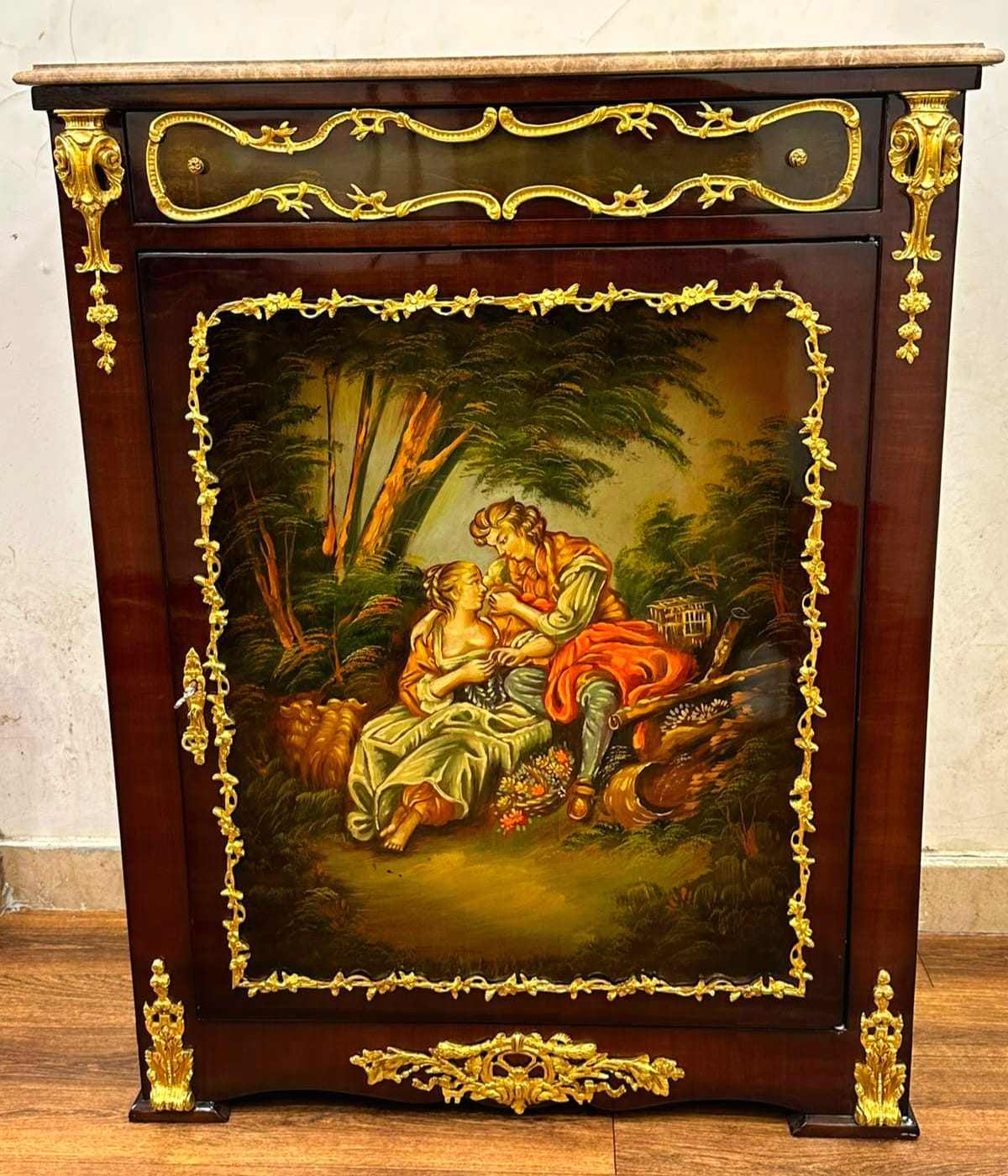 French Louis XVI Marble Top Accent Cabinet with Romantic Courting Scene, Hand-Finished Gold Leaf & Fine Hardwood Construction