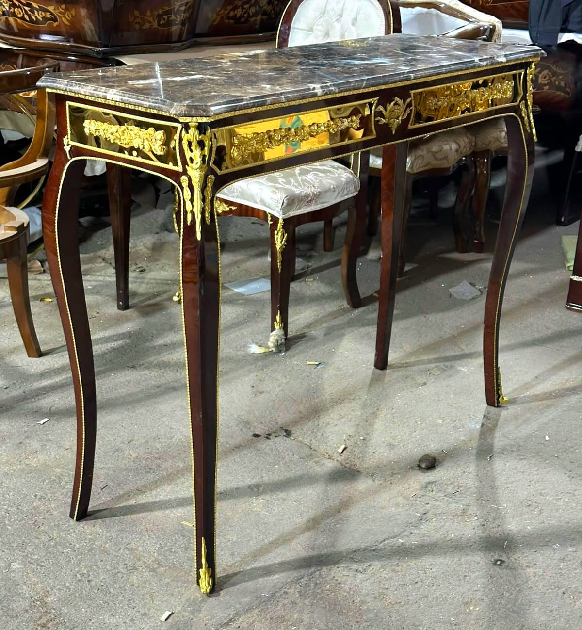 Louis XV Marble Top Console Table with Hand-Finished Gold Leaf Details & Bronze Ormolu Accents