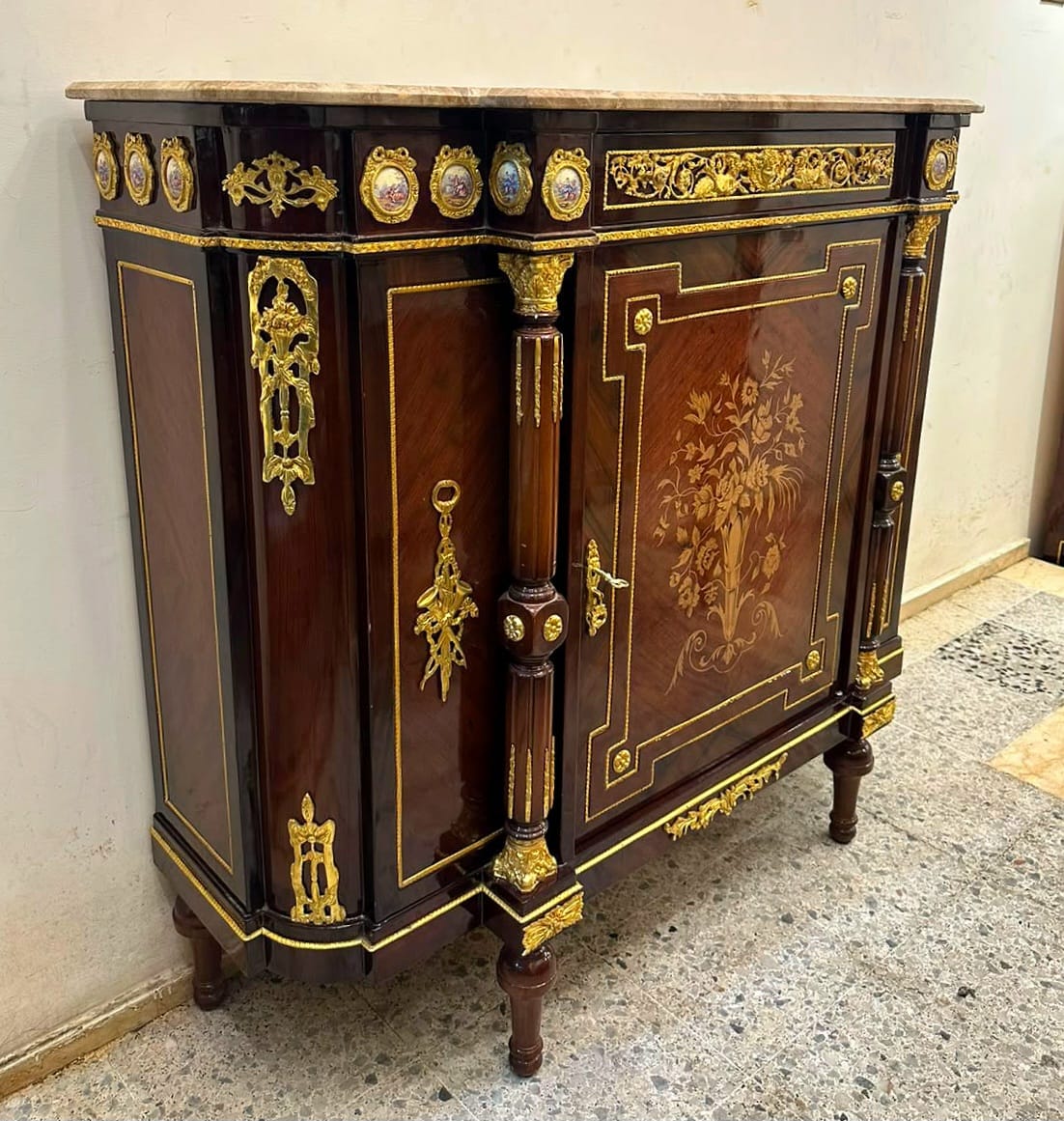 French Louis XVI Marble Top Sideboard Cabinet with Floral Marquetry, Bronze Ormolu & Hand-Finished Gold Leaf Details