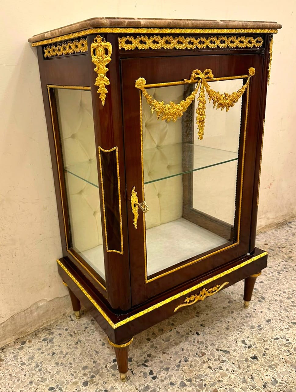 French Louis XV Marble Top Nightstand with Glass Display Door & Gold Leaf Details