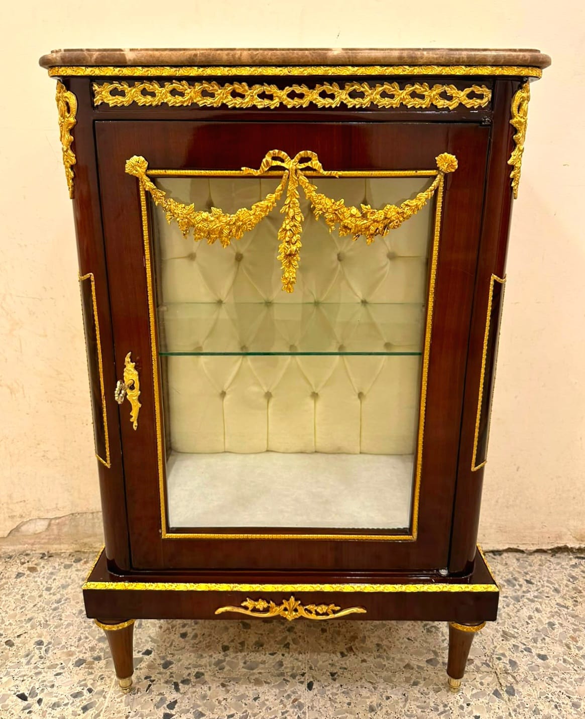 French Louis XV Marble Top Nightstand with Glass Display Door & Gold Leaf Details