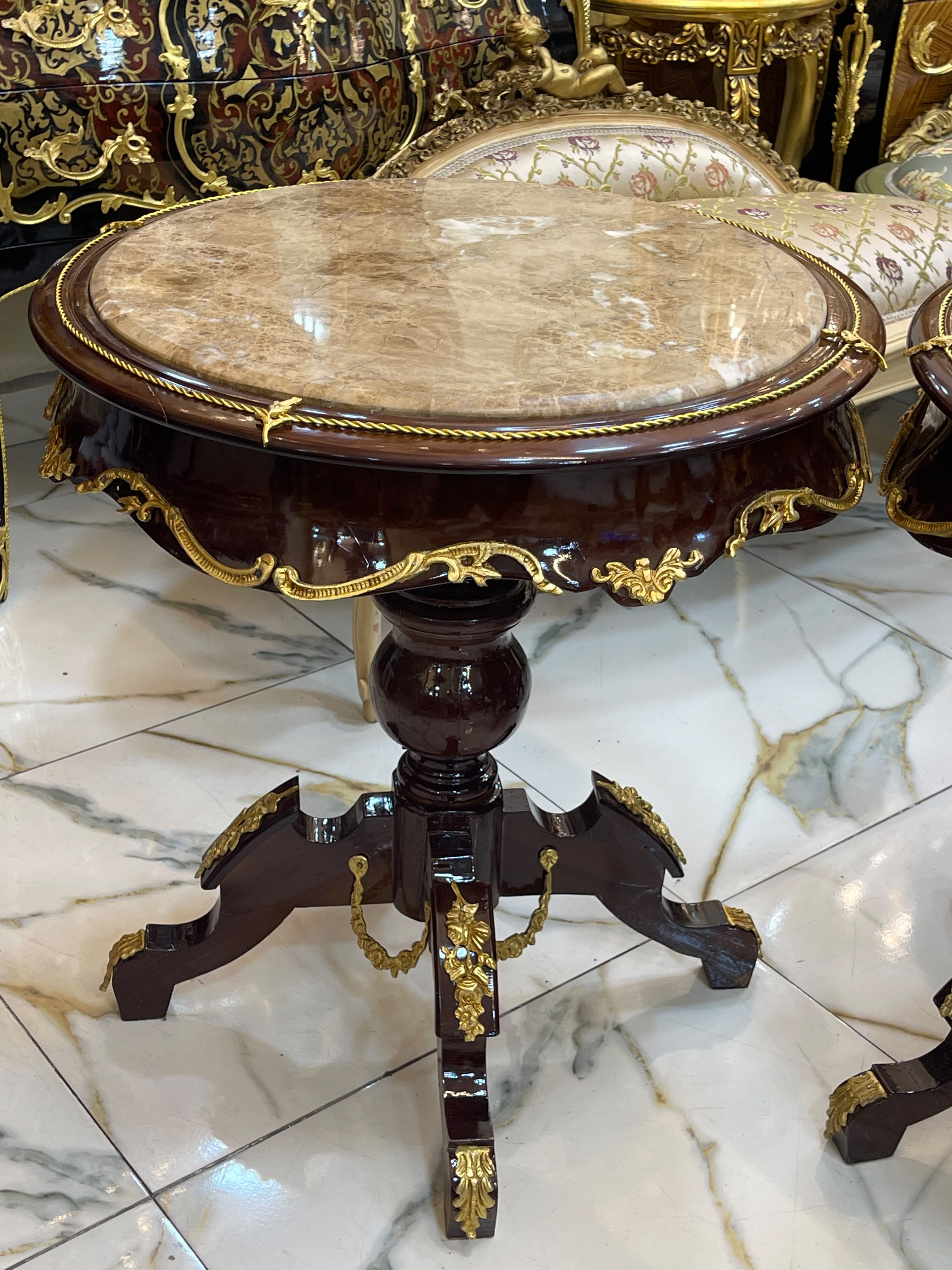 French Louis XVI Round Marble Top Side Table with Hand-Carved Wood Frame & Gold Leaf Accents