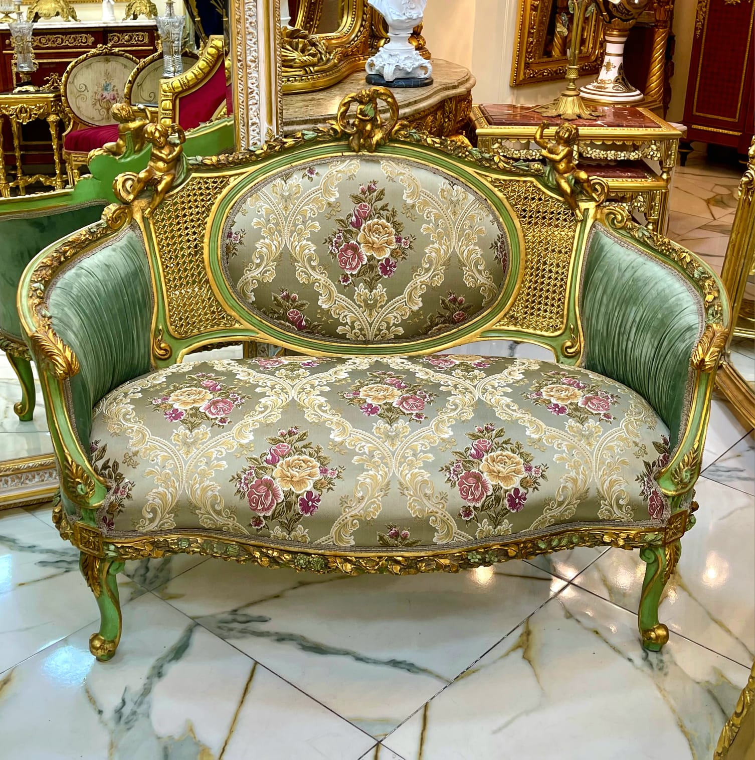 Luxury French Louis XV Loveseat with Sage Green Velvet, Floral Damask & Hand-Gilded Cherub Frame