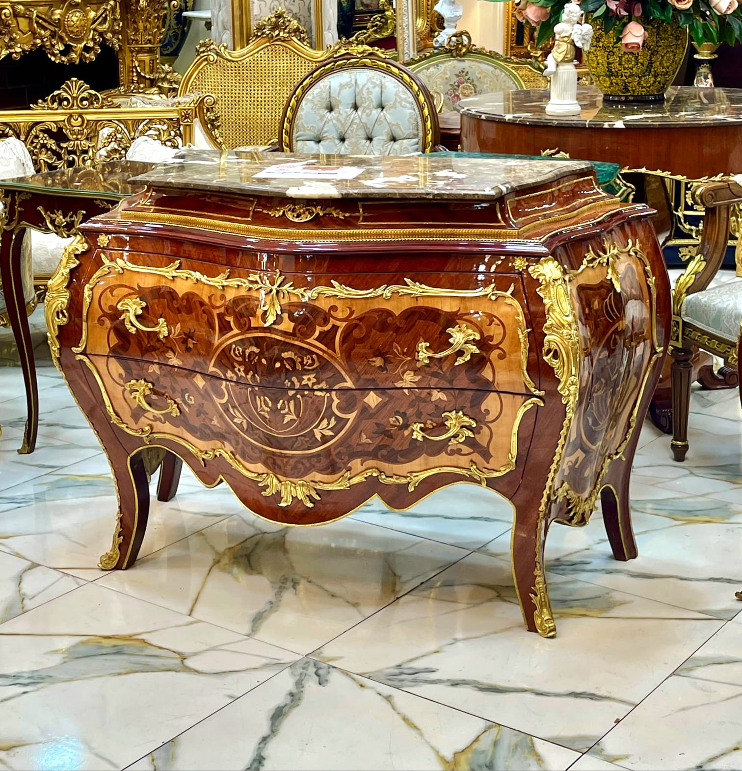 French Rococo Marble Top Dresser with Hand-Carved Wood Frame, Two Spacious Drawers & Hand-Gilded Gold Leaf Details