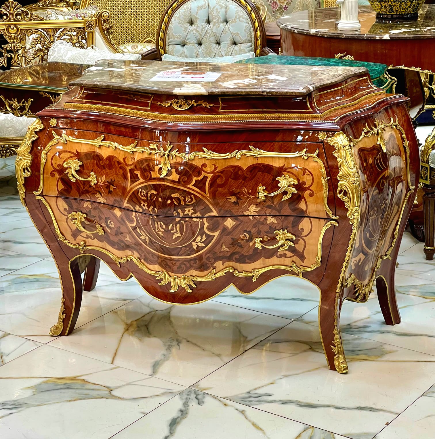 French Rococo Marble Top Dresser with Hand-Carved Wood Frame, Two Spacious Drawers & Hand-Gilded Gold Leaf Details