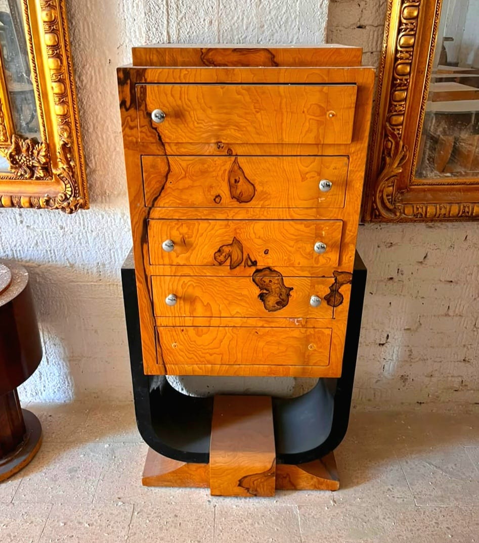 Art Deco Burl Wood Chest of Drawers with Sculptural Black Base & Five Drawers