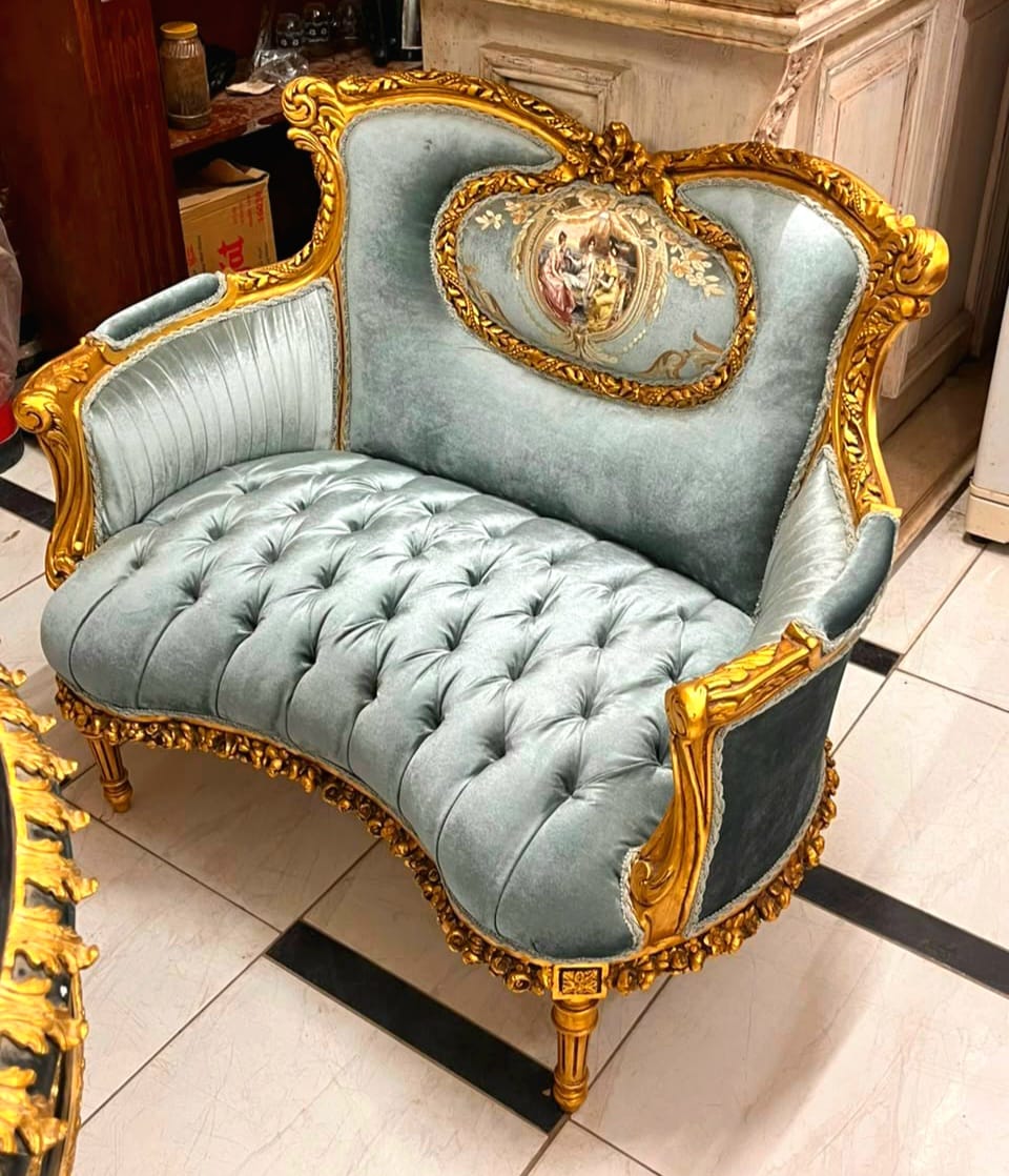 Elegant French Rococo Loveseat with Blue Damask Fabric & Gilded Louis XV Frame