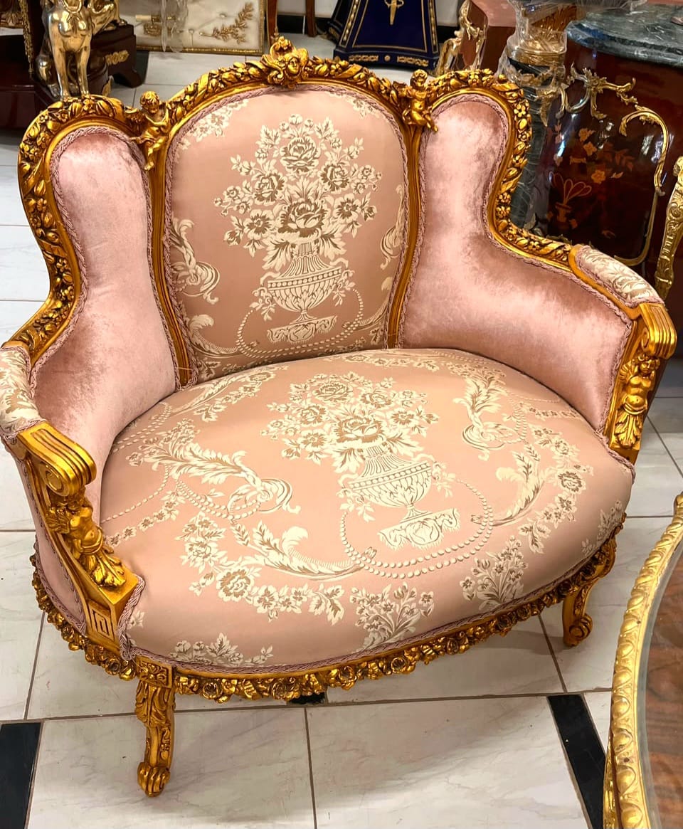 Romantic French Louis XV Loveseat with Rose Pink Damask Upholstery & Gilded Frame