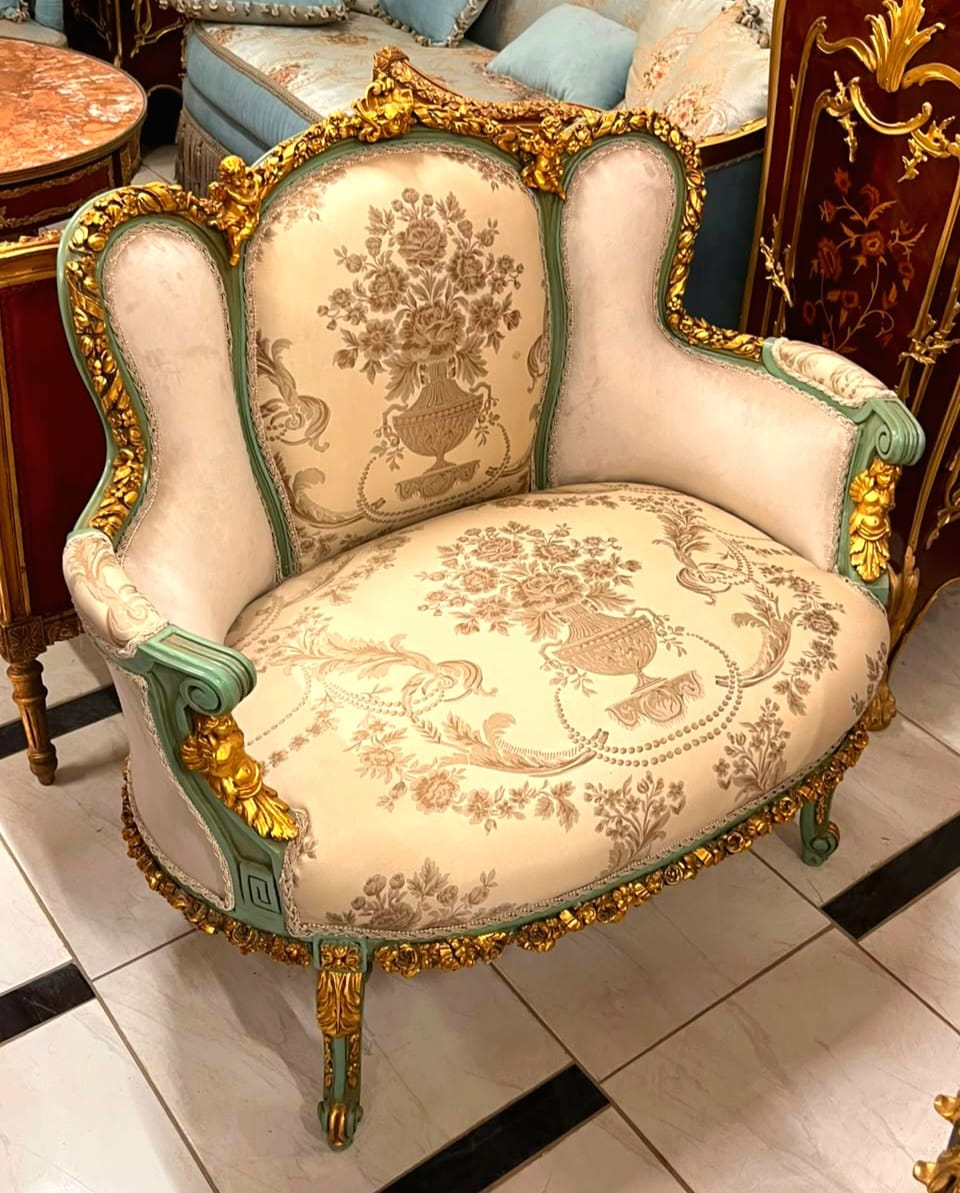 French Louis XV Loveseat Sofa with Gold Leaf Frame & Off-White Damask Upholstery