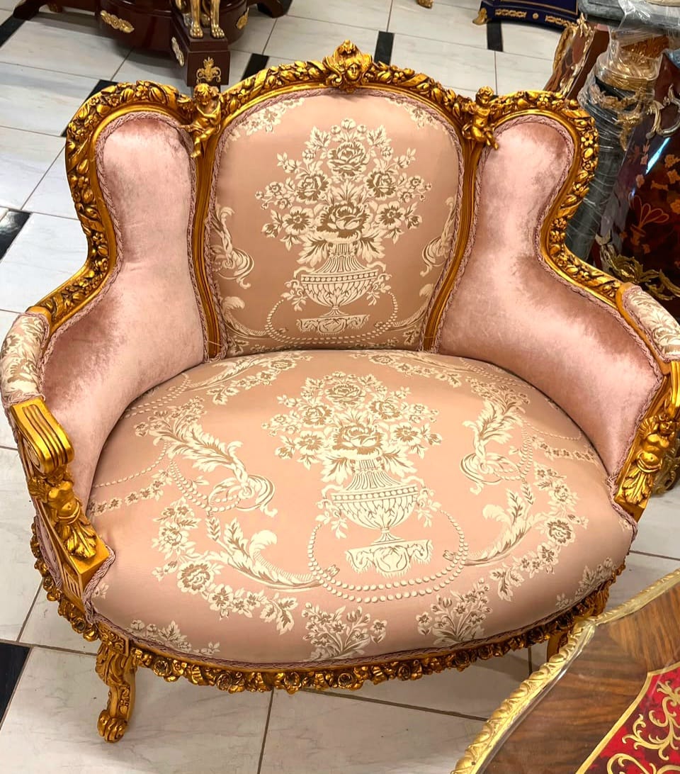 Romantic French Louis XV Loveseat with Rose Pink Damask Upholstery & Gilded Frame